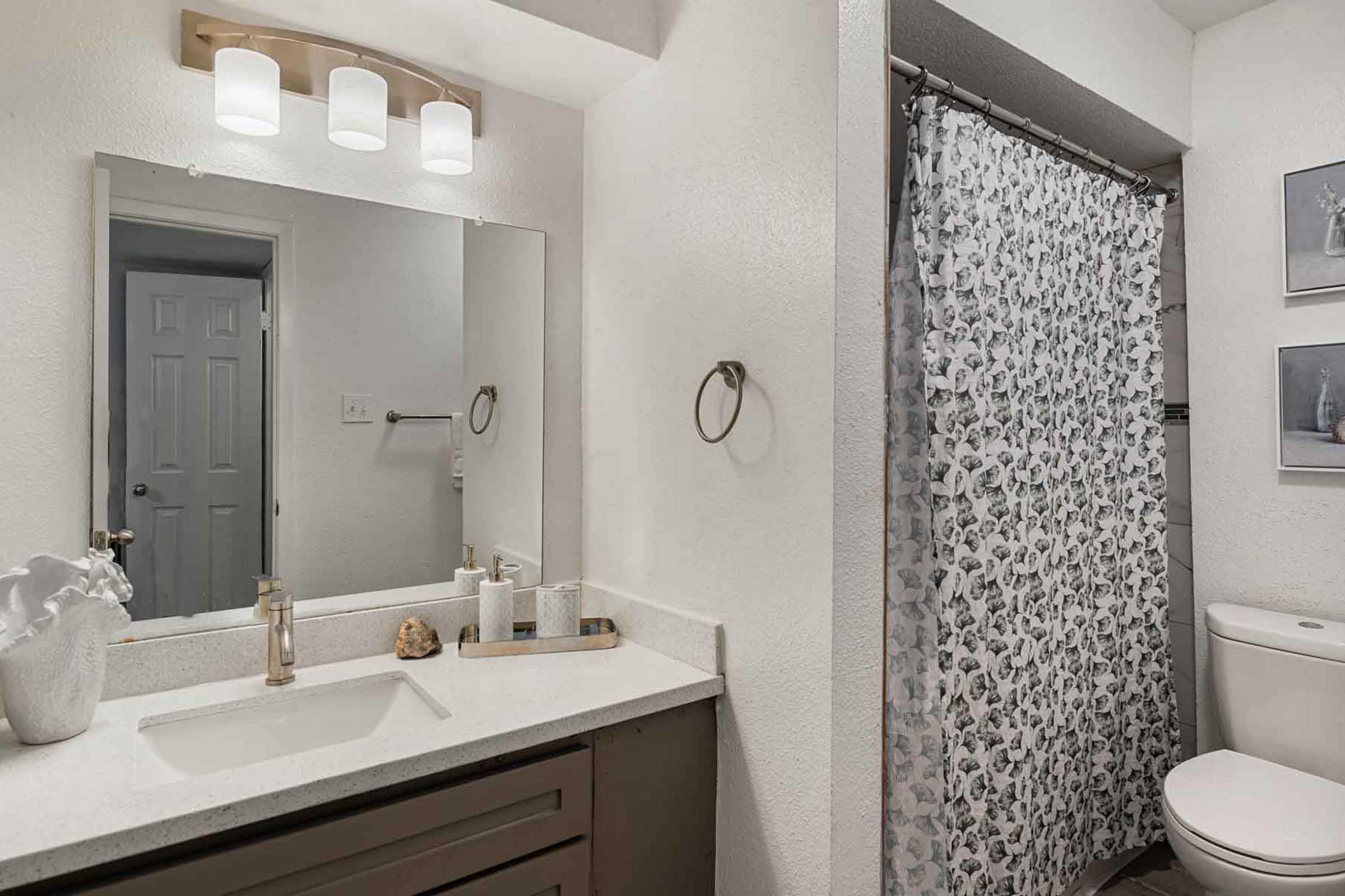 A modern bathroom featuring a white sink with a stylish faucet, a decorative shell on the counter, a patterned shower curtain, a large wall mirror above the sink, and a toilet. The walls are painted light, and the space is well-lit with overhead lighting.