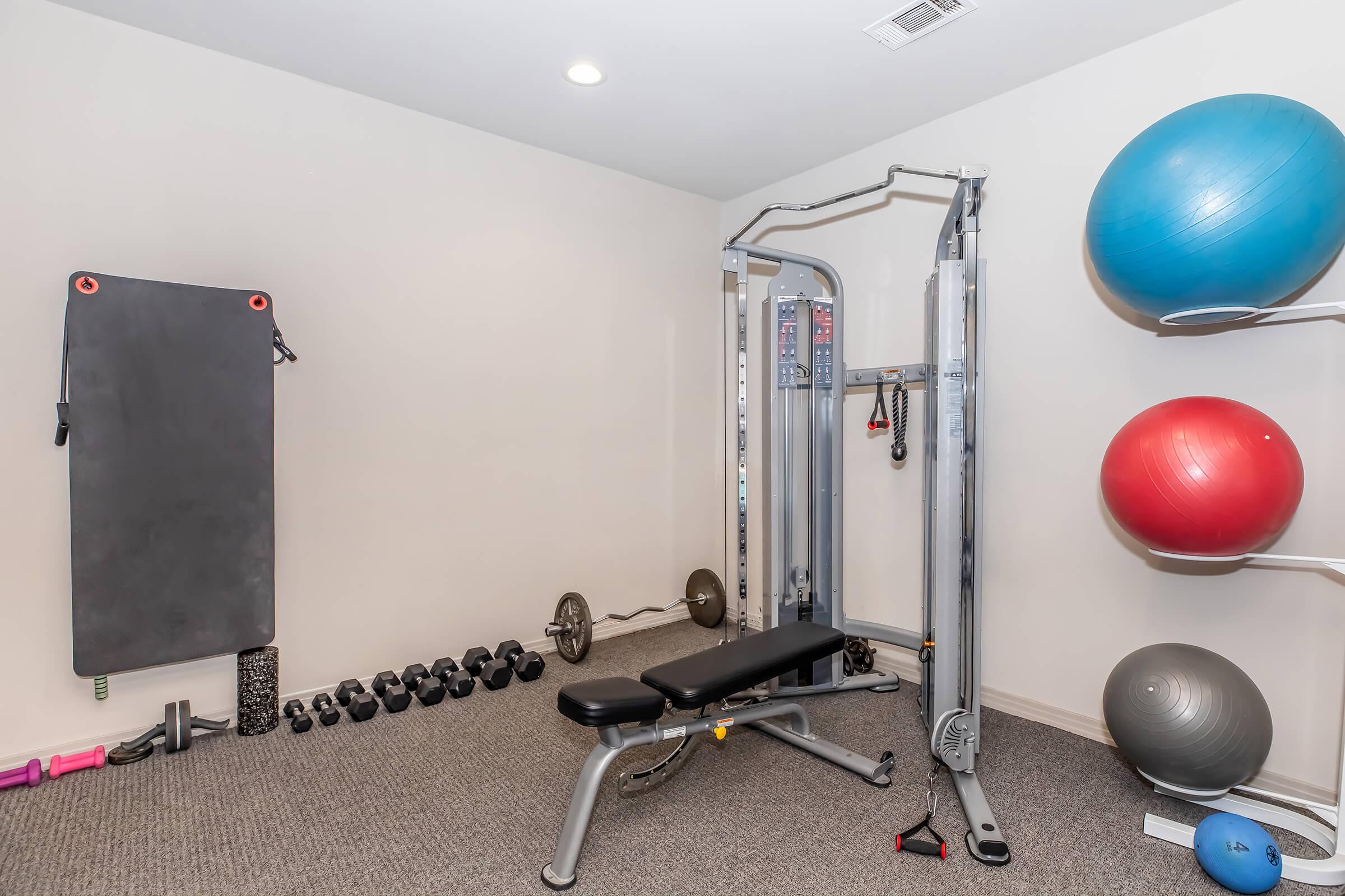 A home gym featuring a multi-station weight machine, a bench, dumbbells arranged on the floor, and large exercise balls in various colors. The room has neutral walls and carpeted flooring, with overhead lighting providing illumination.