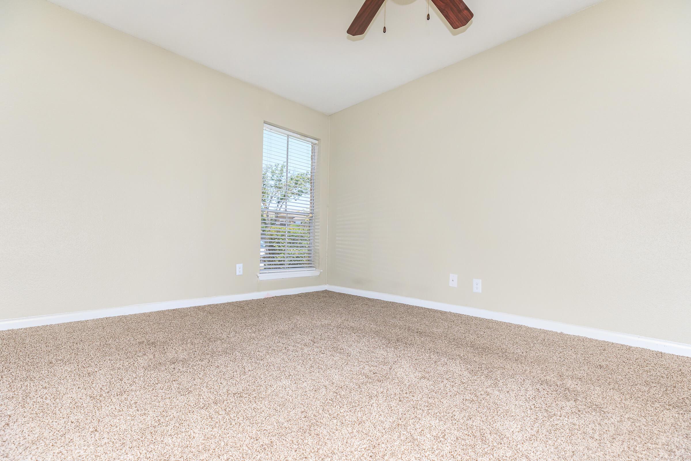 Empty room featuring beige carpet flooring, a light-colored wall, and a single window with blinds allowing natural light. A ceiling fan with wooden blades is mounted above, creating a spacious and airy atmosphere. Ideal for various uses or decorating.