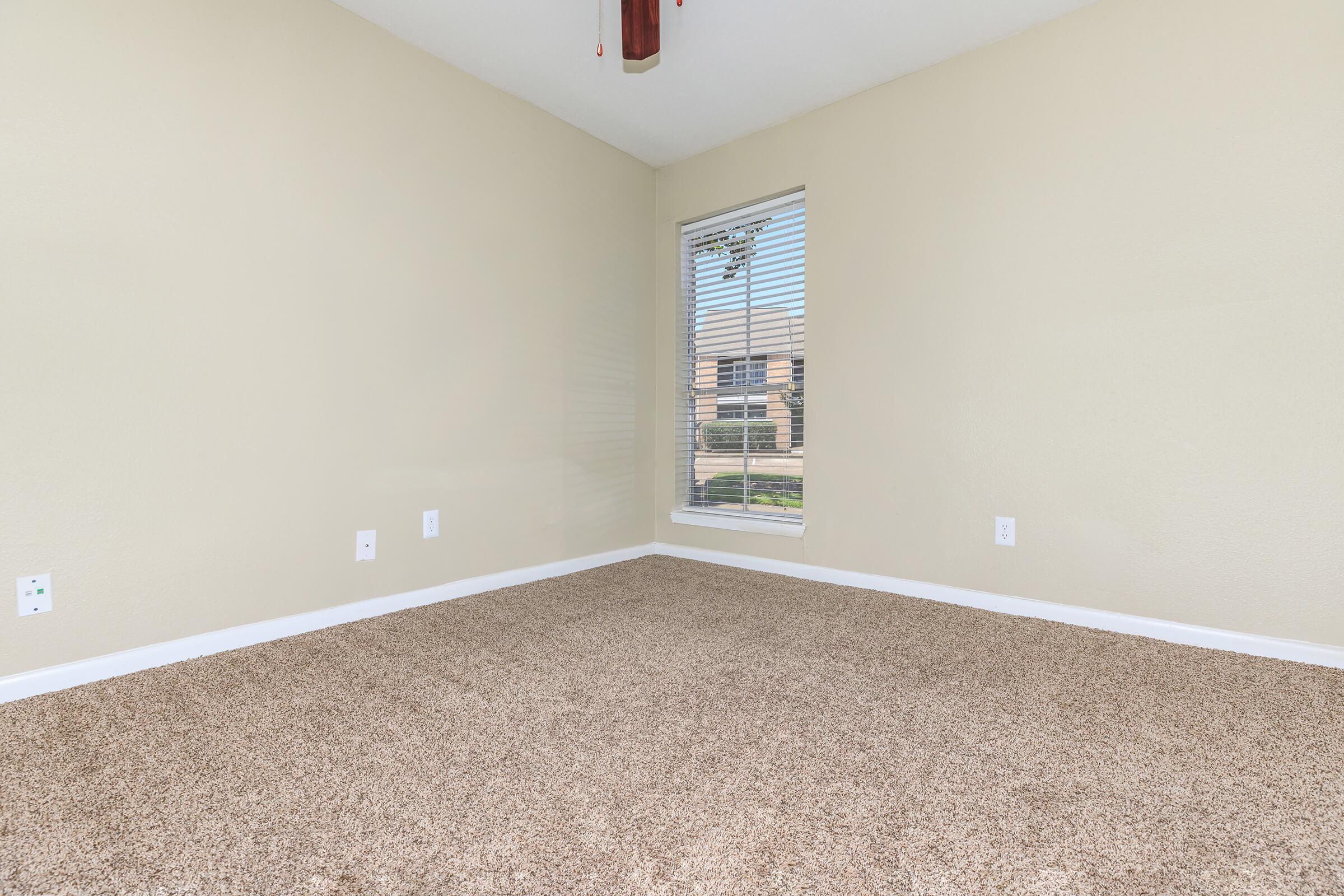 A vacant room with light beige walls and tan carpet. There is a window with blinds allowing natural light to enter, and the view outside shows greenery. The room is unfurnished, creating a spacious and minimalist appearance, suitable for various uses or furnishings.