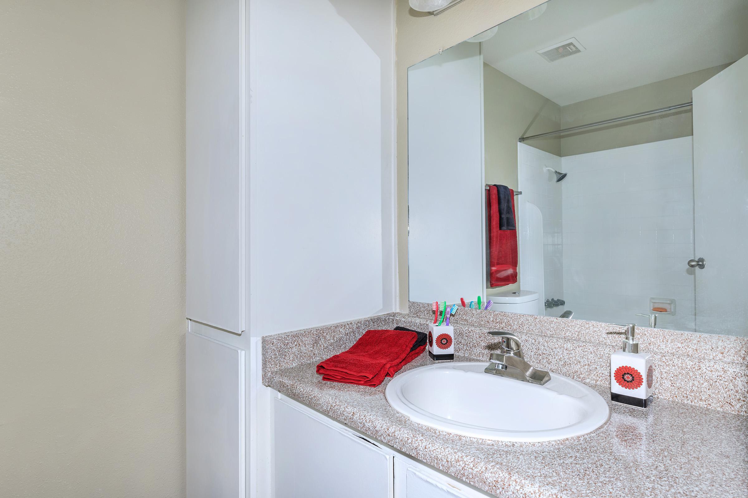 A clean bathroom countertop featuring a sink with a silver faucet, a mirror above, and neatly arranged toiletries. A small cabinet is beside the sink, and red towels and decorative items add color. In the background, a shower is partially visible behind a glass door.