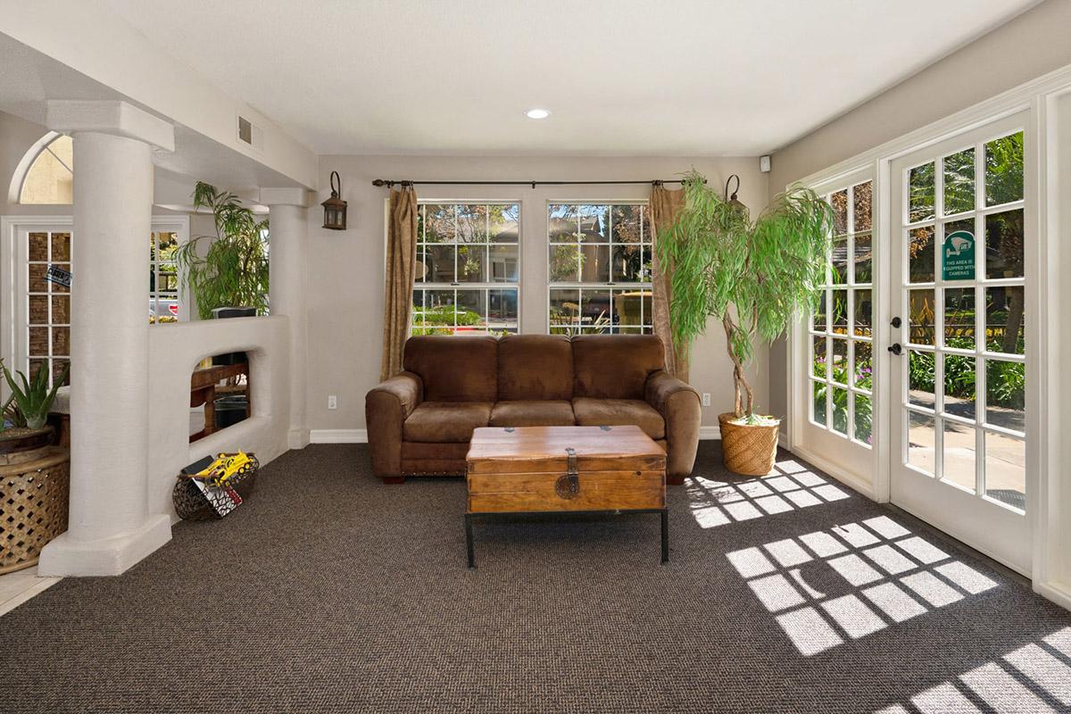 A cozy living room featuring a brown sofa, a wooden coffee table, and large windows allowing natural light to fill the space. Green plants are placed in the corners, and there’s a basket with items near the sofa. The decor is airy and inviting, with a neutral color palette.