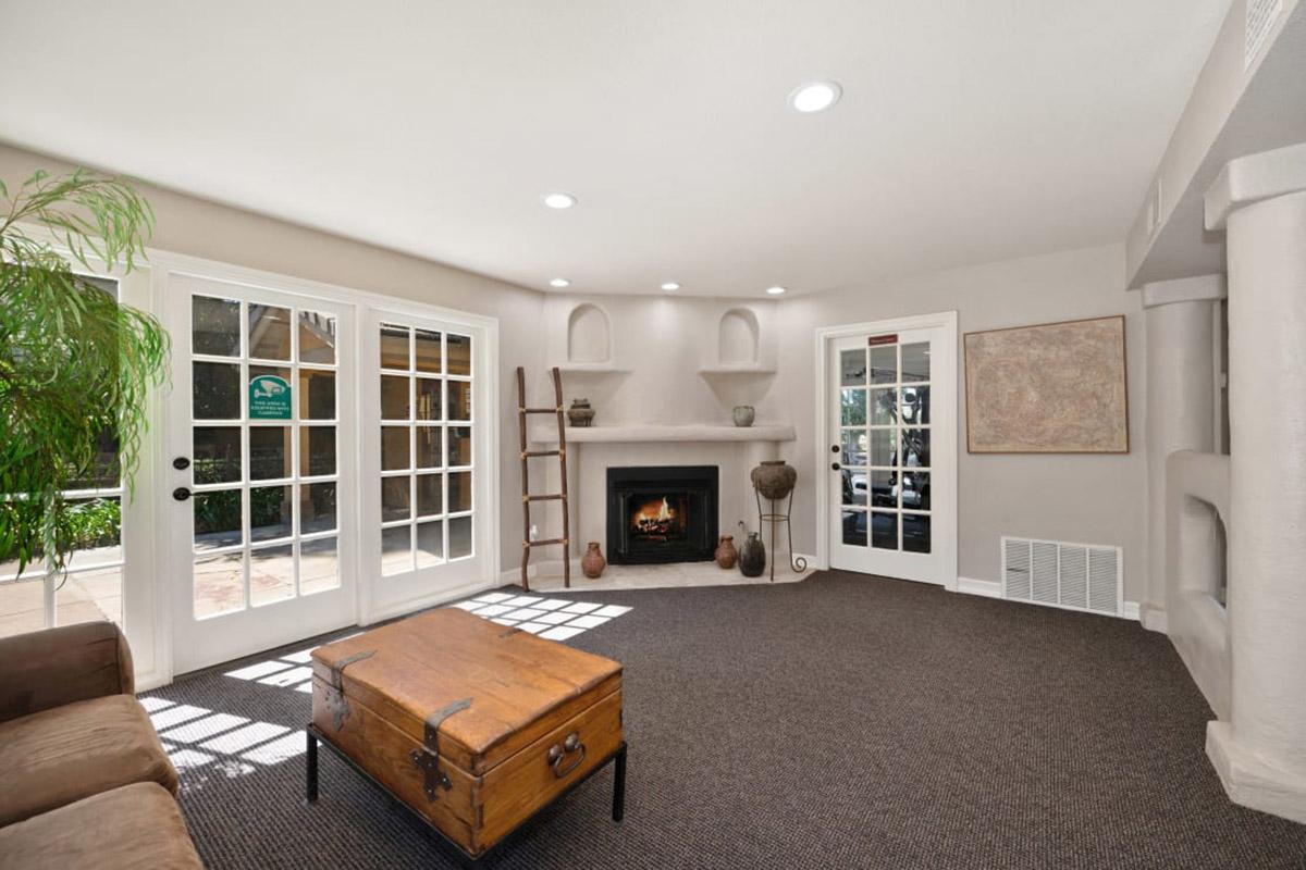 A cozy living room featuring a fireplace, light-colored walls, and large French doors. A wooden ladder leans against the wall, while a vintage trunk serves as a coffee table on a dark carpet. Natural light streams in, creating a warm atmosphere.