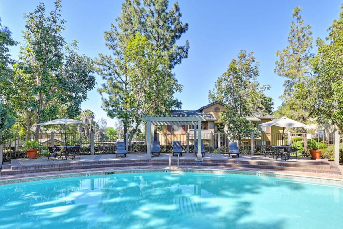 A sunny outdoor swimming pool surrounded by lush greenery. Lounge chairs line the poolside, and there are shaded areas with umbrellas. In the background, a cozy structure is partially visible, complementing the tranquil atmosphere of the setting.