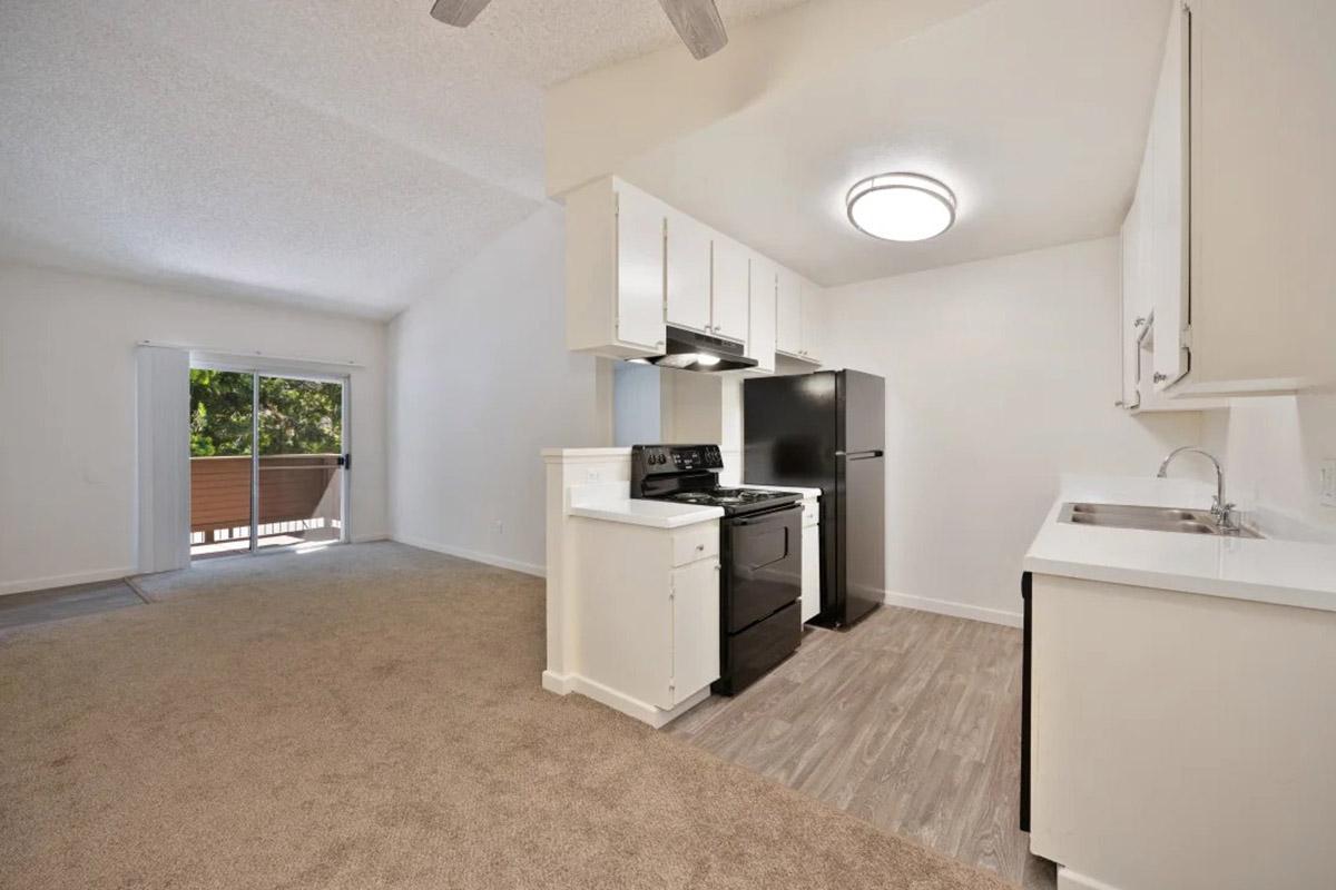Bright and open living space featuring a modern kitchen with black appliances, including a stove and fridge, adjacent to a cozy carpeted area. Large windows and a sliding door lead to a balcony, allowing for plenty of natural light and outdoor access. Minimalist design with white cabinetry and neutral tones throughout.