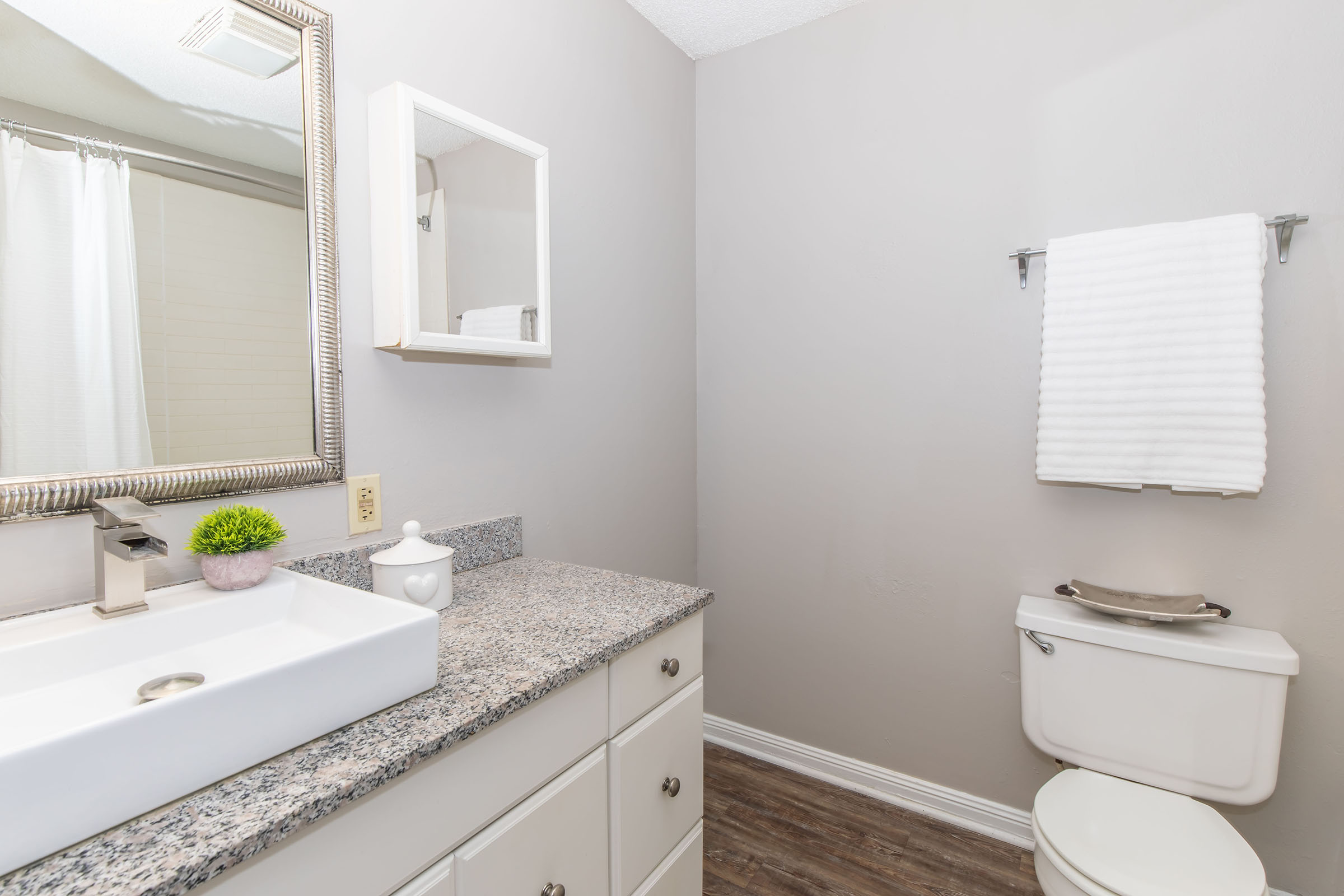 A modern bathroom featuring a white sink with a granite countertop, a framed mirror, and a small decorative plant. A white towel hangs on a wall rack, and there is a toilet with a closed lid. Soft gray walls and wood-like flooring create a clean and contemporary look.
