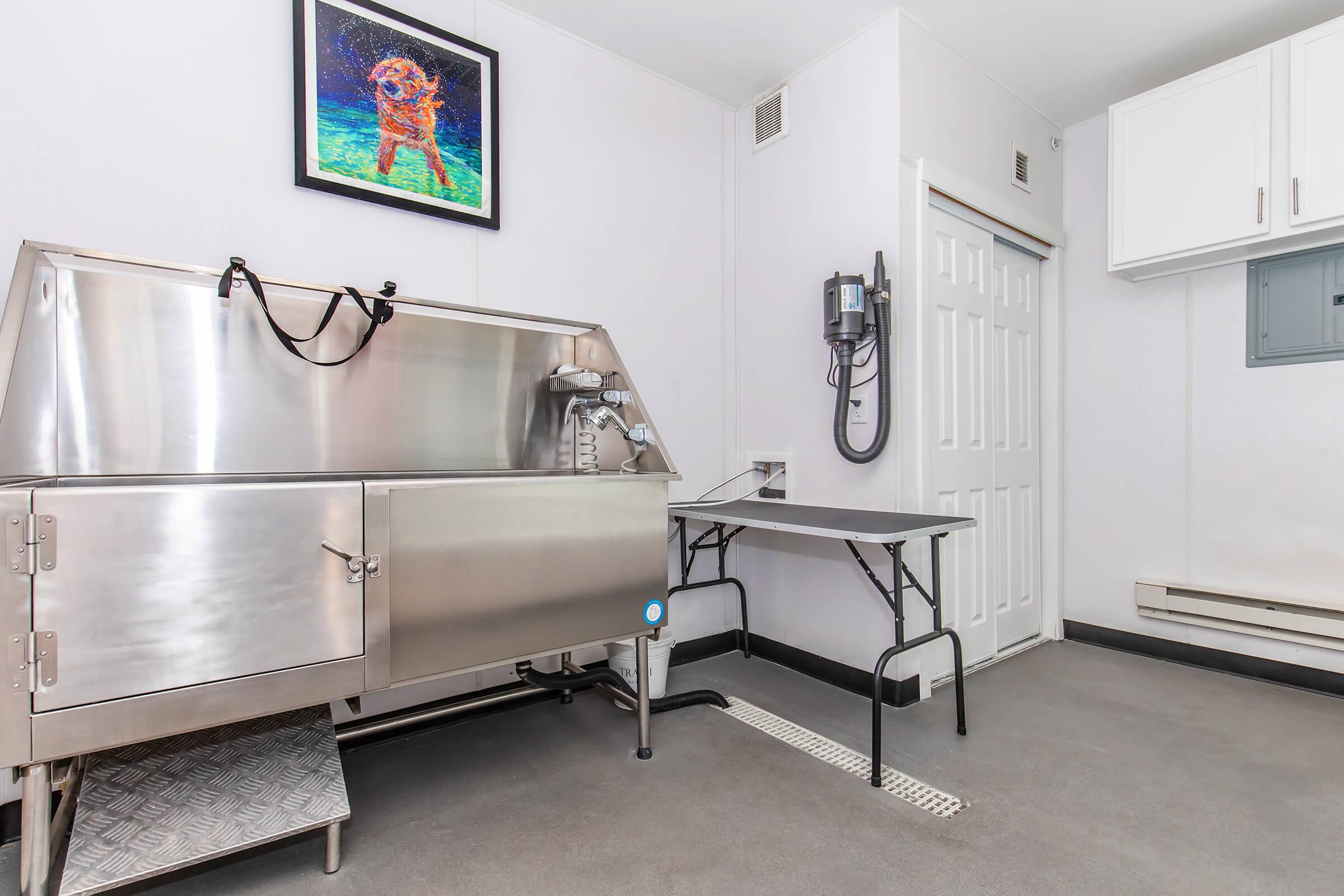 A stainless steel washing station for pets, featuring a large tub with a faucet, adjacent to a folding table. The room has light-colored walls and a vibrant artwork of a colorful dog on the wall. There is also a white door and a wall-mounted device nearby. The floor is gray and has a drainage area.