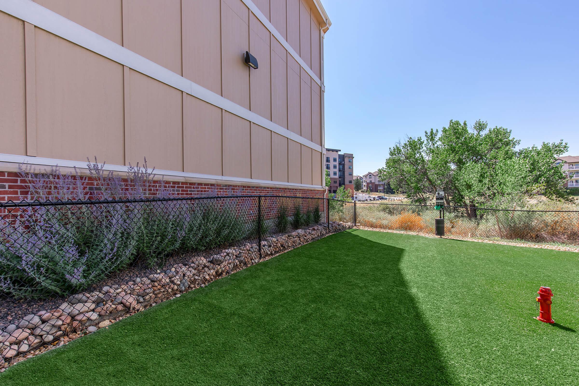 A well-maintained outdoor area featuring artificial grass, a red fire hydrant, and decorative stones. The space is bordered by a chain-link fence and includes shrubs in the background, with a clear blue sky above and nearby buildings visible in the distance.