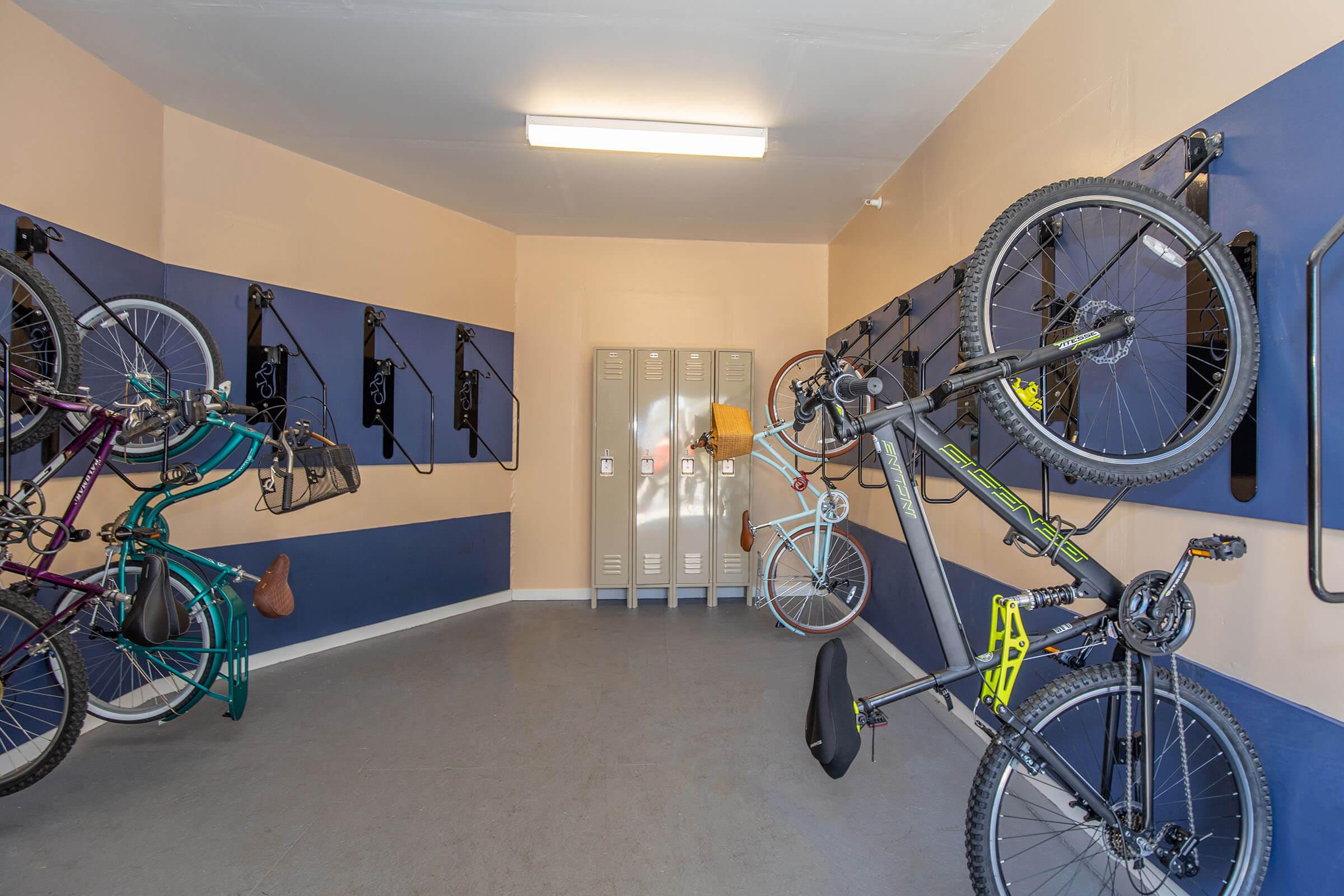 a bicycle parked on the side of the room