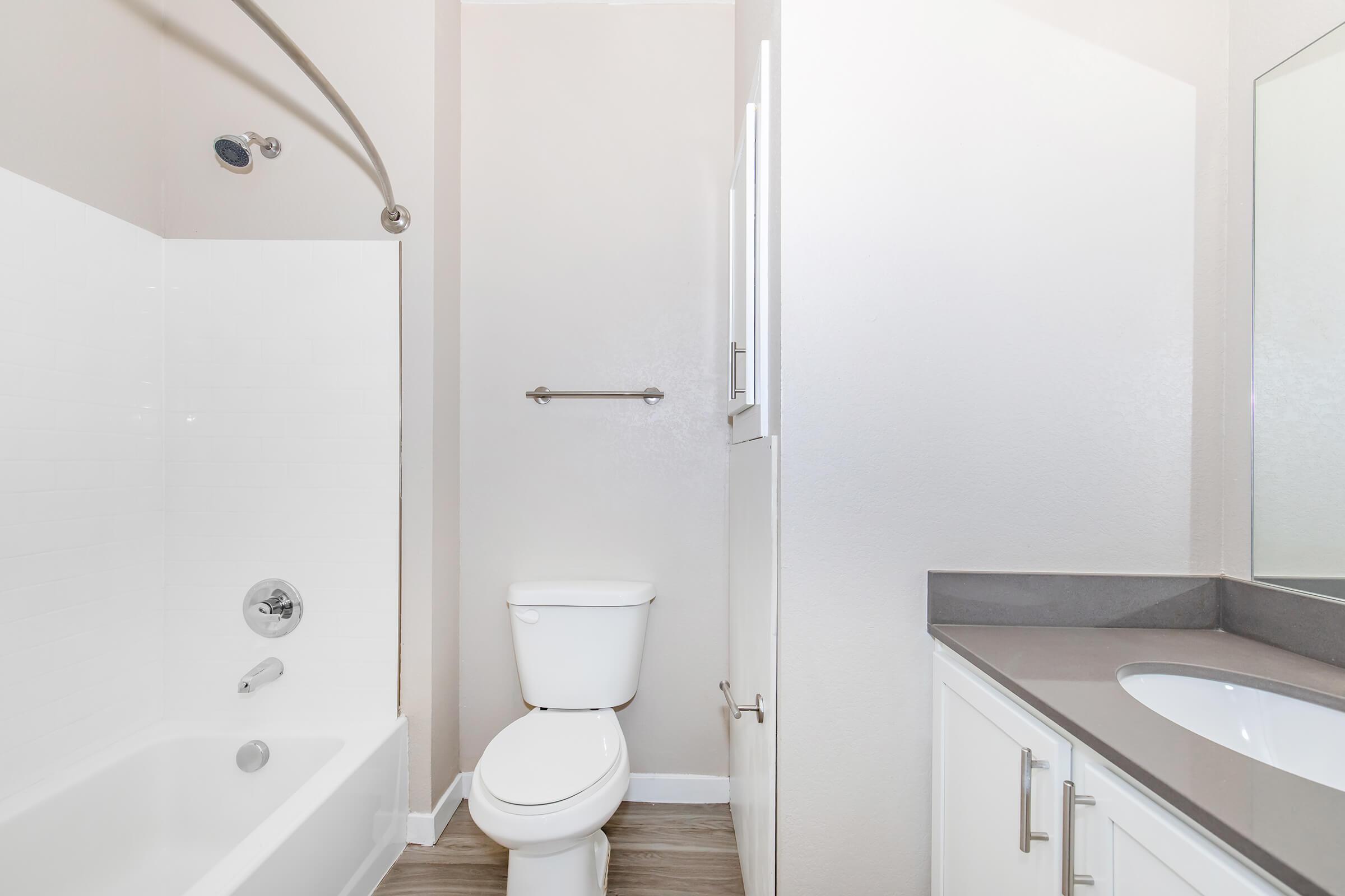 A clean and modern bathroom featuring a bathtub with a shower, a white toilet, and a vanity with a minimalistic design. The walls are painted in a light color, and the flooring is a wood-like material. The overall ambiance is bright and well-lit.