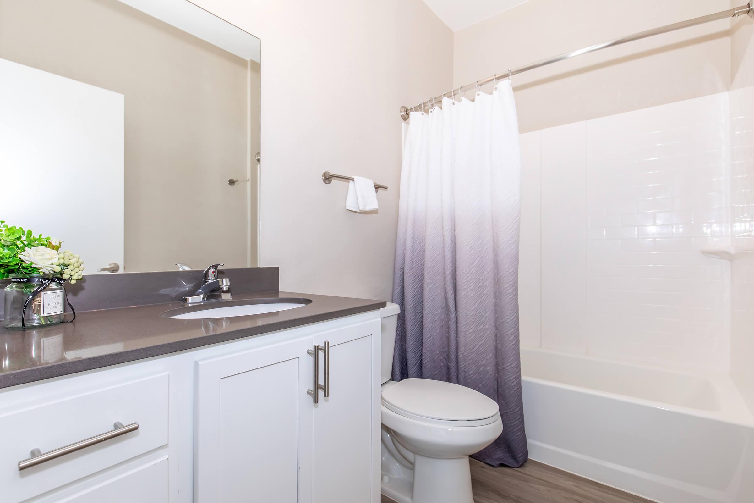 A modern bathroom featuring a white vanity with silver handles, a sink, and a large mirror. The shower area is enclosed with a gradient blue and white curtain. There is a white bathtub and a toilet, with a light-colored wall and wooden flooring, creating a clean and inviting atmosphere.