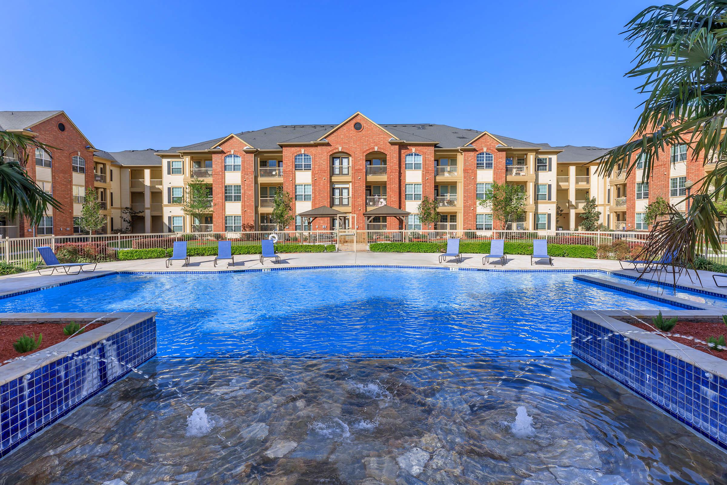 a building with a pool of water