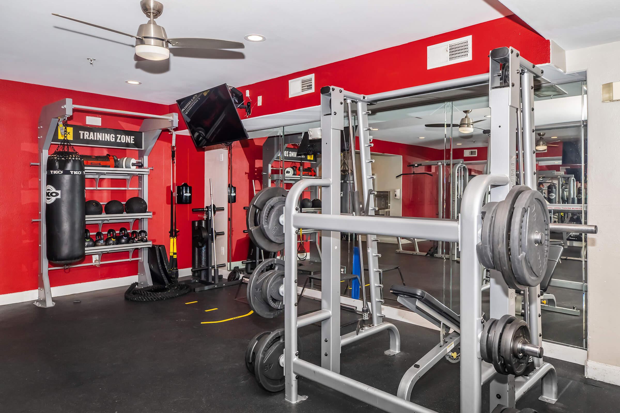 A well-equipped gym space featuring weightlifting equipment, a punching bag, a television mounted on the wall, and a mirror. The walls are painted red, creating a vibrant atmosphere. Fitness accessories such as weights and a training zone area are also visible in the background.