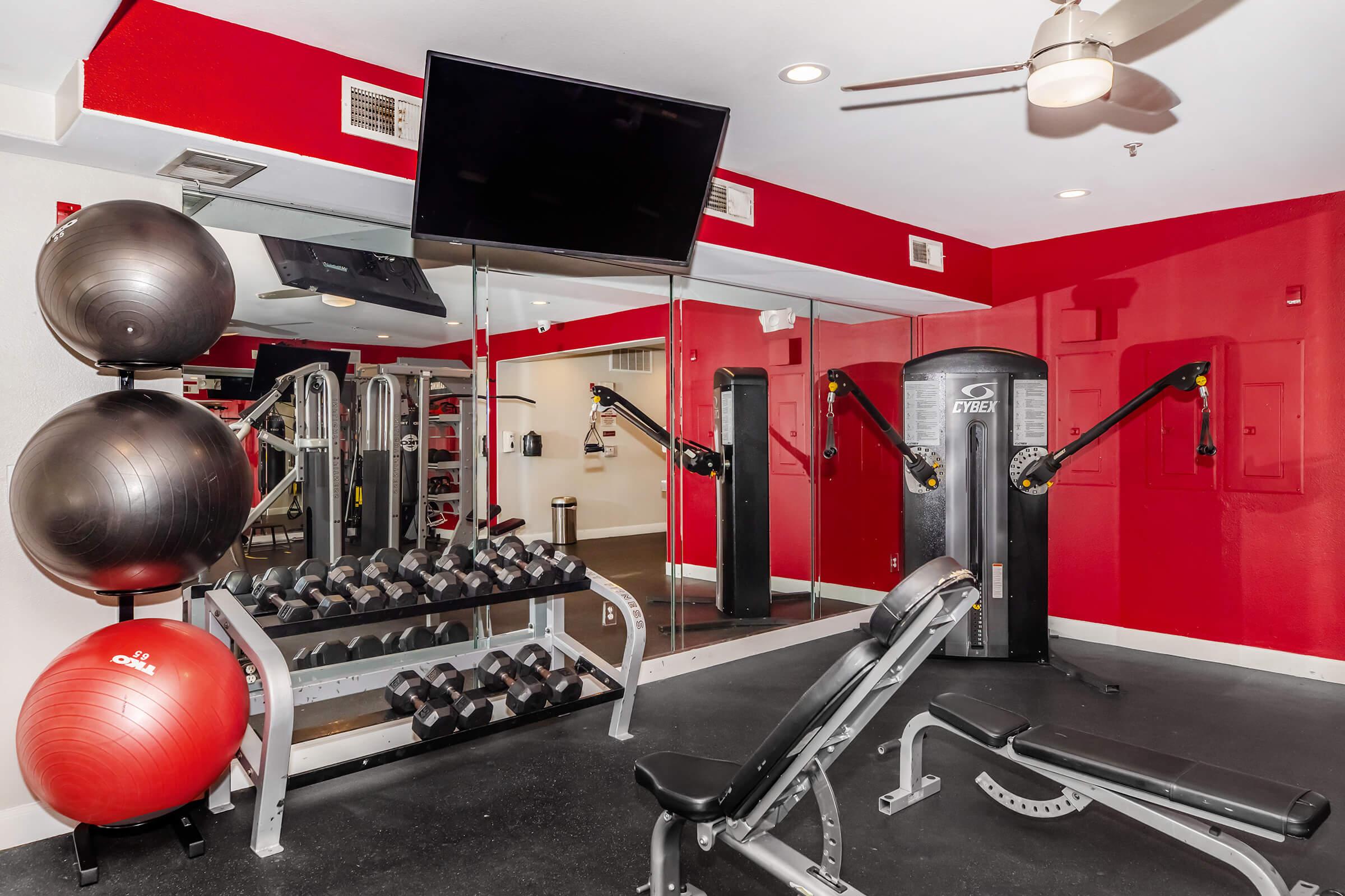 A small gym featuring a weight bench with dumbbells, exercise balls, a multi-functional weight machine, a large wall-mounted TV, and mirrors on a red wall, all set in a bright, well-lit environment.