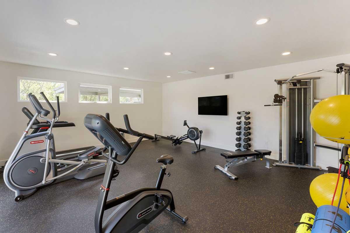 A modern home gym featuring exercise equipment such as stationary bikes, elliptical machines, a rowing machine, free weights, and a multi-station weight machine. There are large windows for natural light and a wall-mounted TV. The flooring is dark and rubberized for safety.