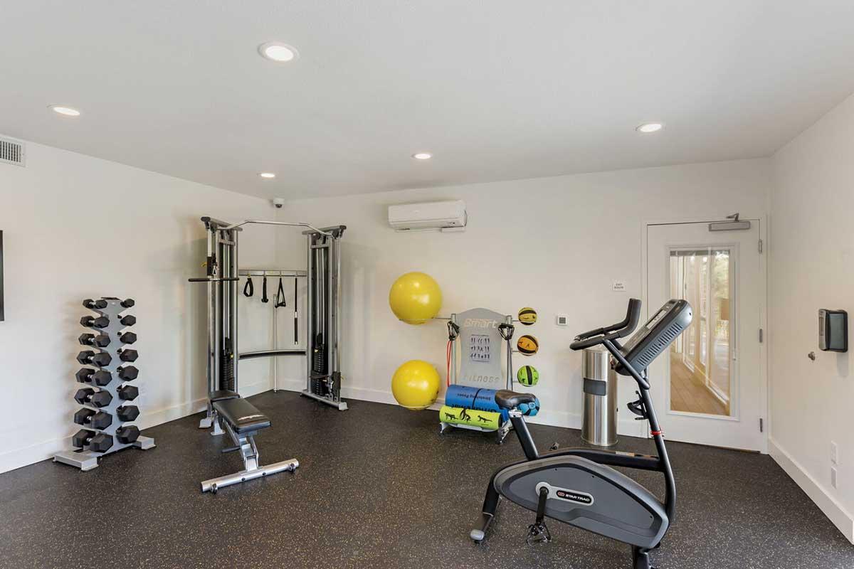 A modern gym space featuring a variety of workout equipment, including a stationary bike, weight bench, free weights, and resistance bands.
