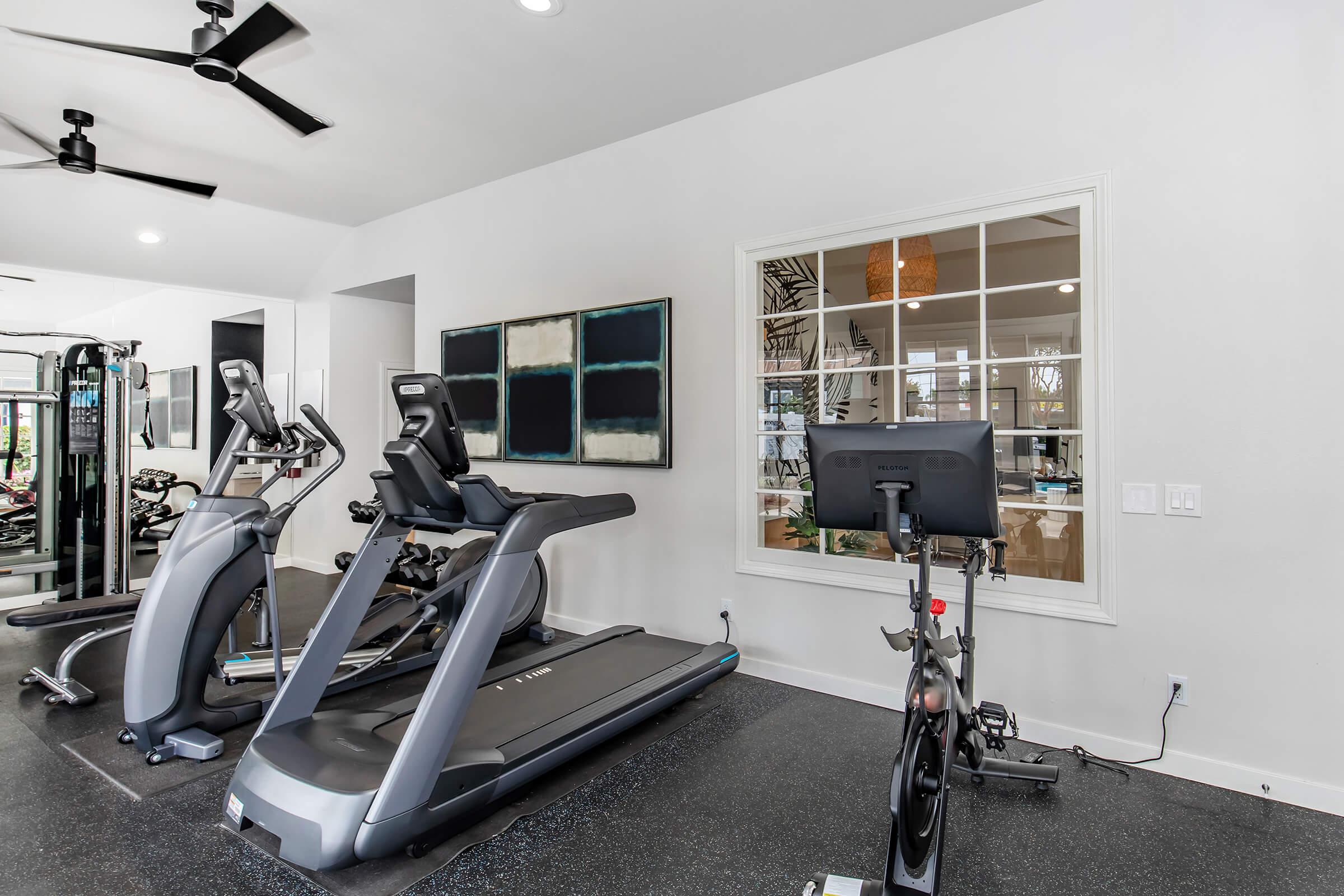A well-equipped home gym with exercise machines, including a treadmill and a stationary bike. Large windows allow natural light to fill the space, and the walls are decorated with abstract artwork. The flooring is dark, adding contrast to the bright interior.