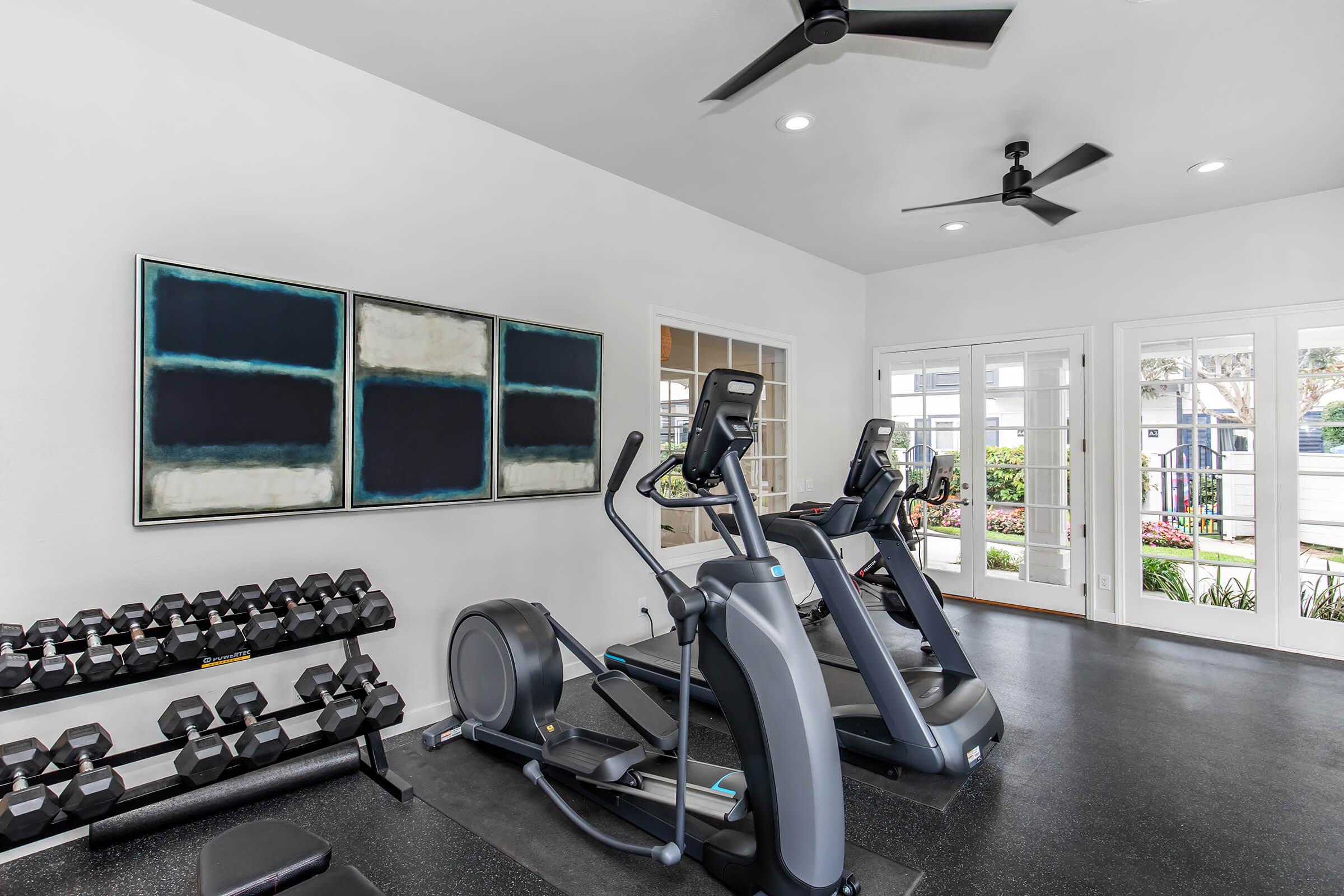 A modern gym featuring a variety of exercise equipment, including a pair of elliptical machines and a set of dumbbells. Large windows provide natural light and open to an outdoor area with greenery. The walls are decorated with abstract art. Ceiling fans enhance airflow in the space.