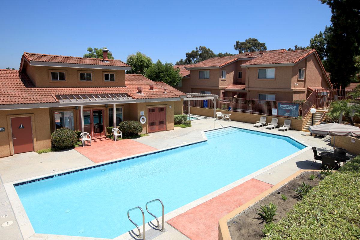 a house with a pool in front of a building