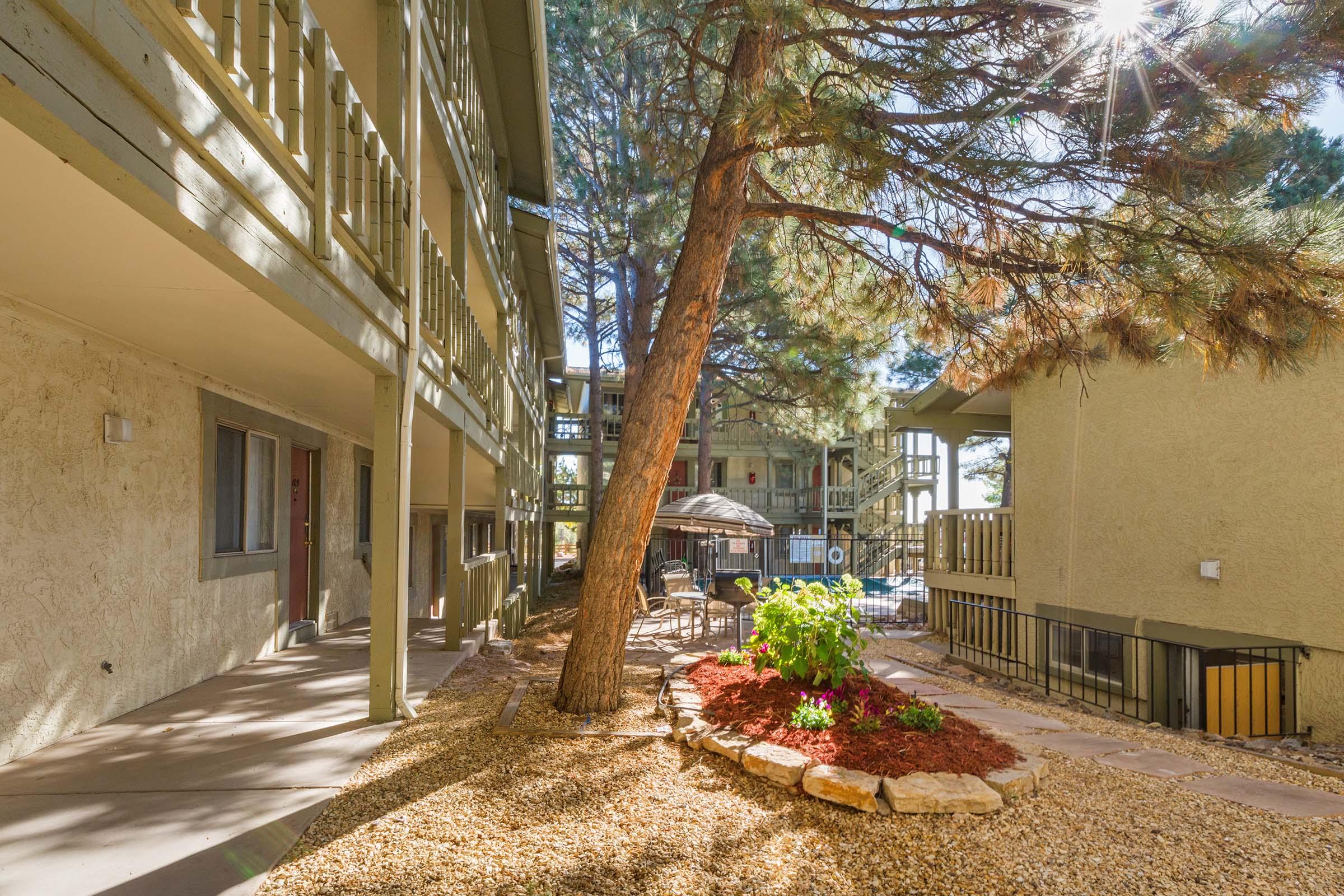 A peaceful courtyard area with a pathway lined by trees and shrubs. There's a round patio table with chairs under a small umbrella, surrounded by a flower bed with red mulch. The buildings are two-story with balconies, and sunlight is streaming through the trees, creating a serene atmosphere.
