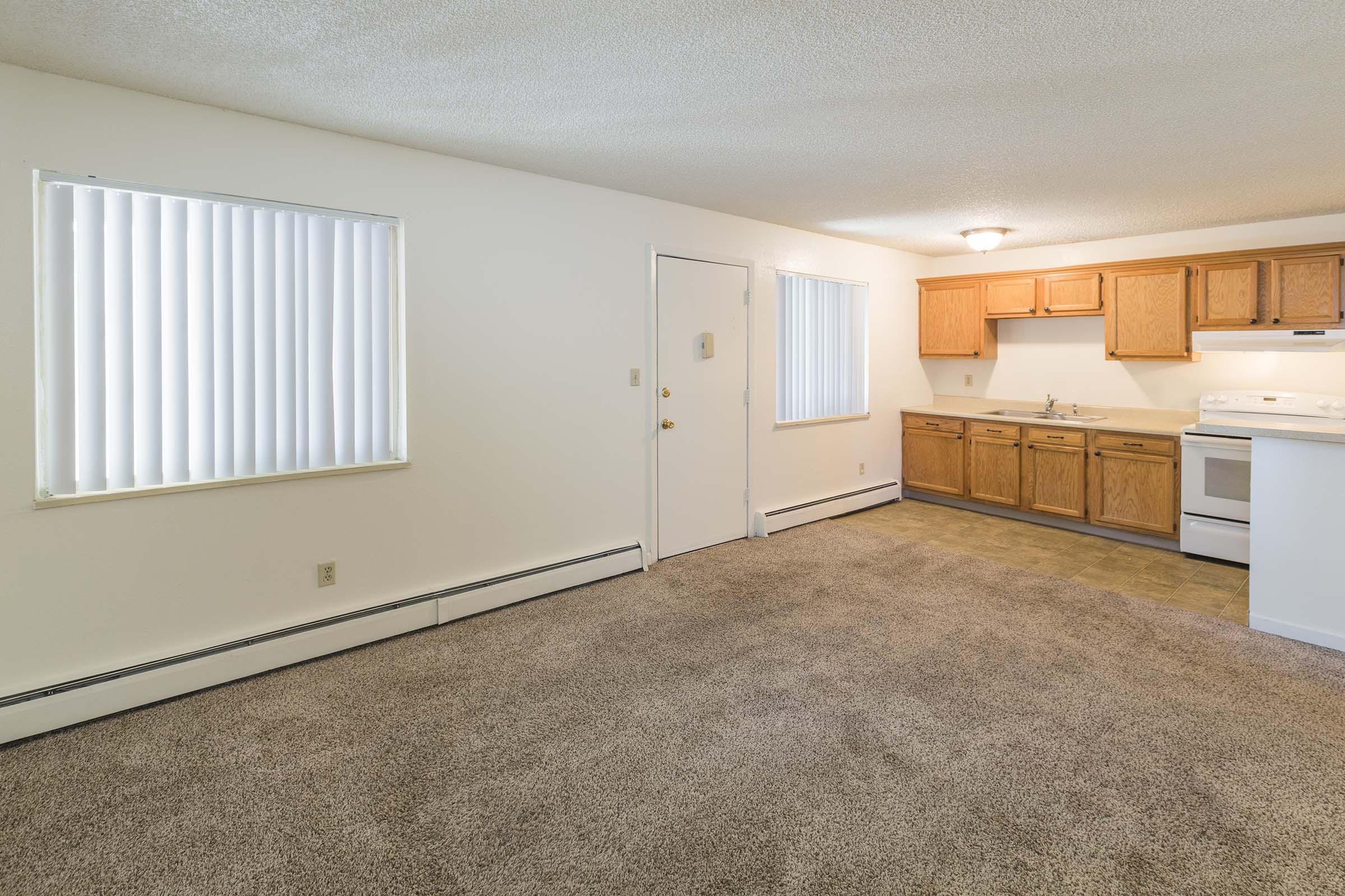 A spacious, well-lit living area with beige carpet, featuring a kitchen with oak cabinetry and white appliances. There are two windows with vertical blinds allowing natural light, and a door leading to another space. The overall atmosphere is clean and inviting.