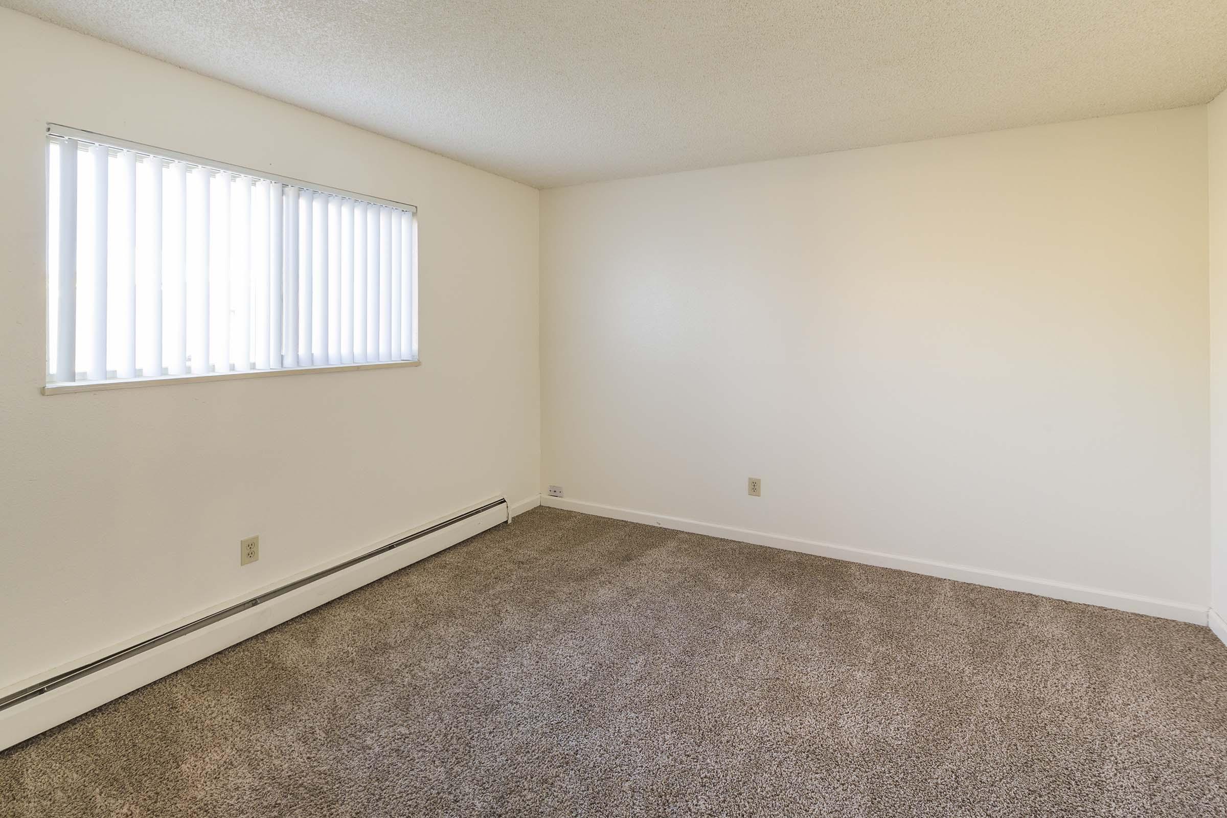 Empty room with light-colored walls and gray carpeting. A window with vertical blinds on the left side allows natural light to enter. The space is unadorned, providing a blank canvas for decoration. A baseboard heater is visible along the wall.