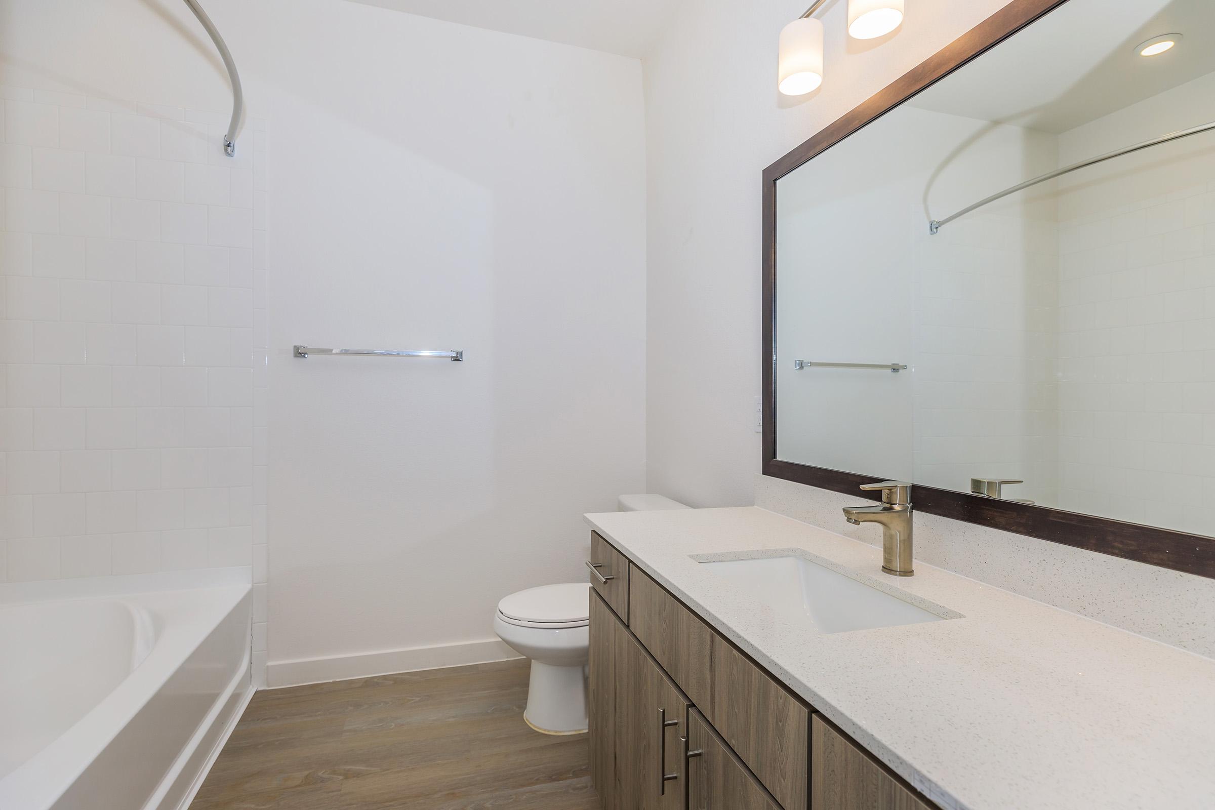 A modern bathroom featuring a bathtub, a wall-mounted towel rack, a toilet, and a double-sink vanity with a sleek countertop. The room has a large mirror above the sinks and is illuminated by overhead light fixtures. The walls are painted white, and the flooring is light wood.