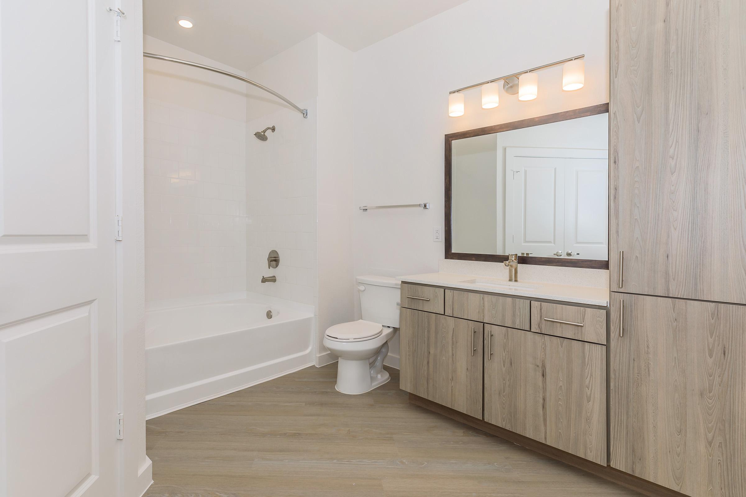 Modern bathroom featuring a white bathtub with a curved shower rod, a toilet, and a stylish vanity with wooden cabinets. A large mirror above the sink reflects the bright, neutral-colored walls and wooden flooring. Natural light enters the space, creating a clean and inviting atmosphere.