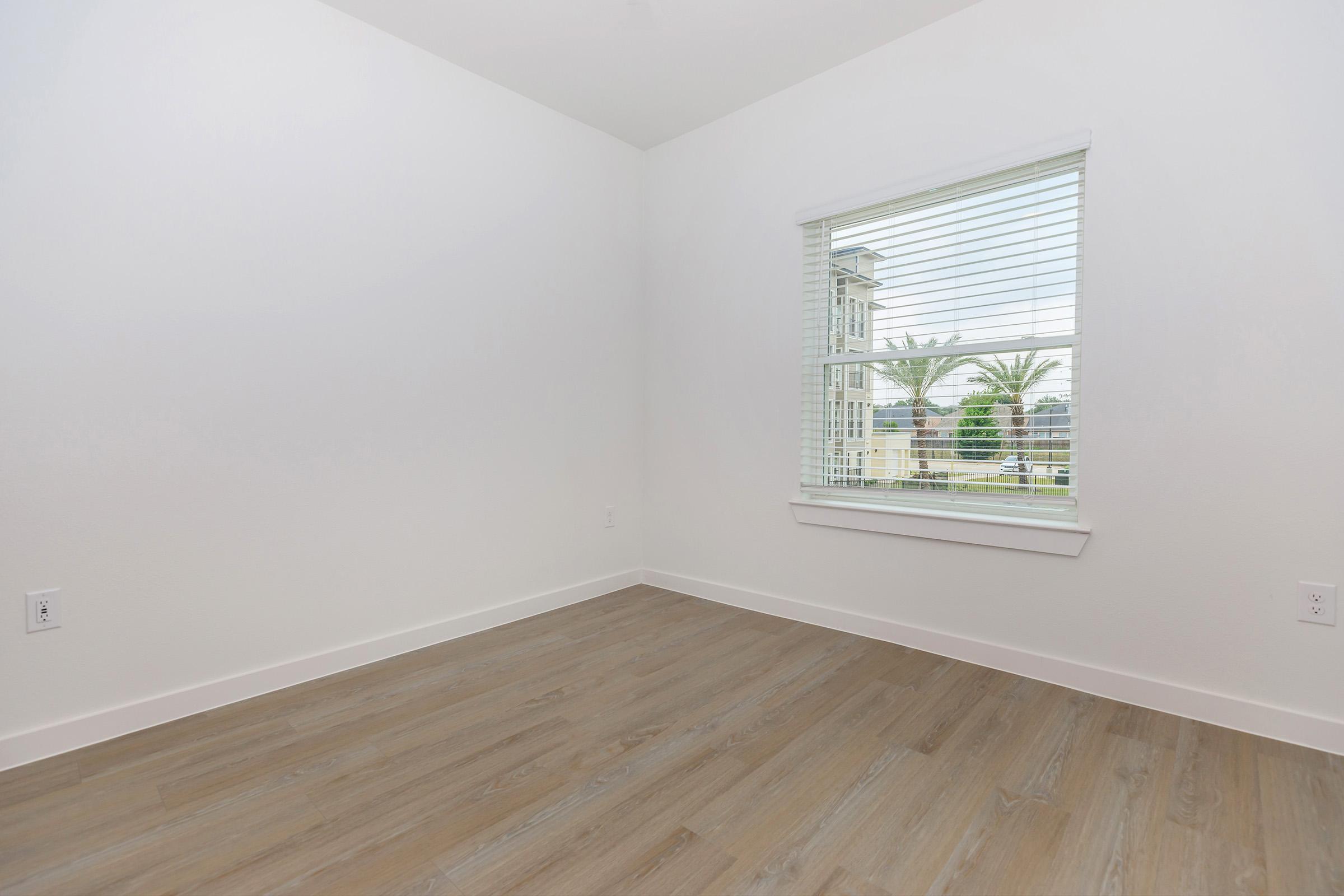 Empty room with white walls and light wood flooring. A window with blinds allows natural light to enter, offering a view of palm trees outside. The space is uncluttered, creating a bright and airy atmosphere.