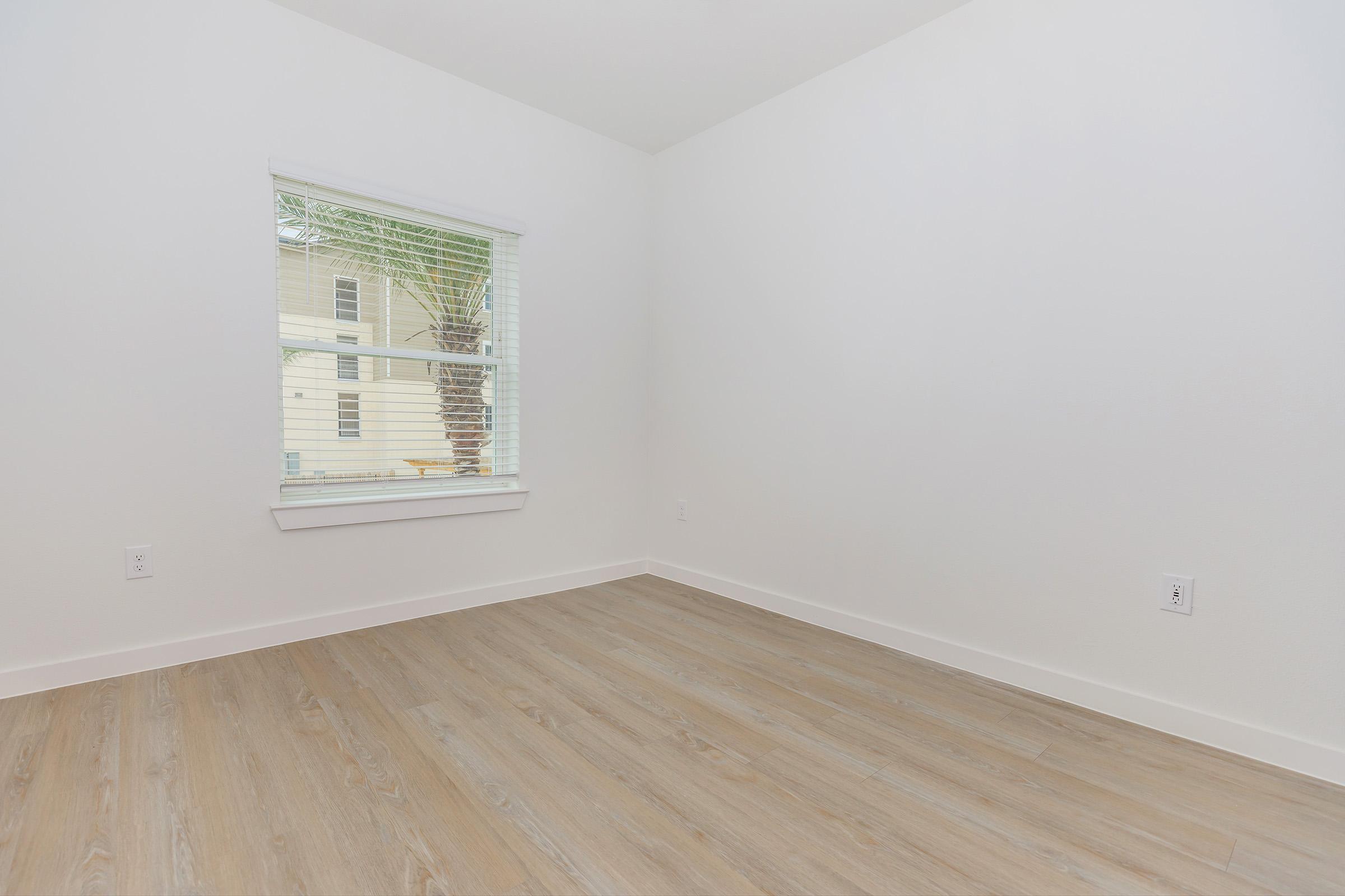 Empty room with light-colored walls and wooden flooring, featuring a window with blinds that lets in natural light. The view outside includes a palm tree. The space is clean and minimalistic, suitable for various uses or furnishings.