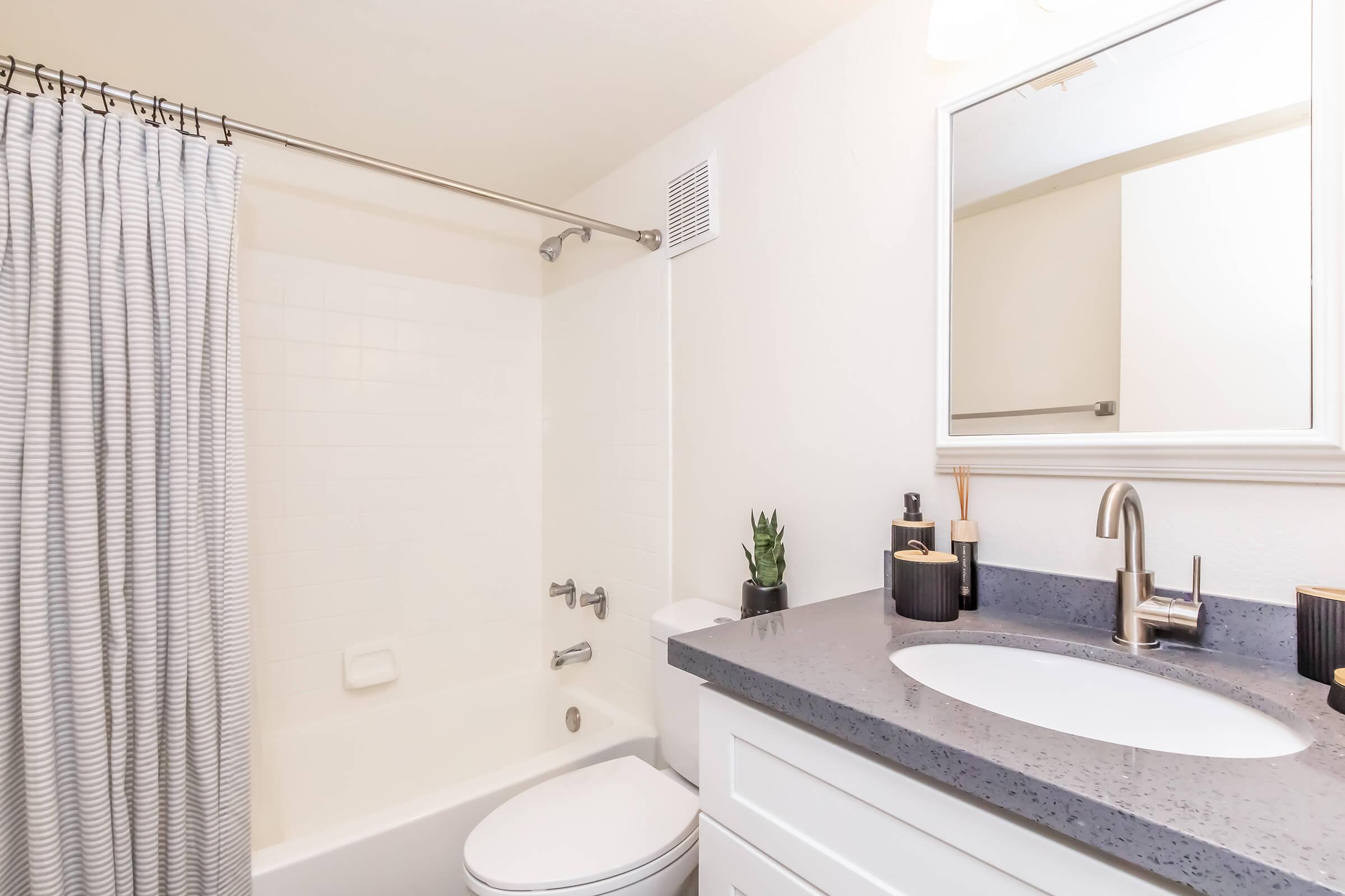 A clean and modern bathroom featuring a white bathtub with a sliding shower curtain, a dark gray countertop with a sink, a rectangular mirror above, and decorative accessories, including a small plant and bathroom essentials.