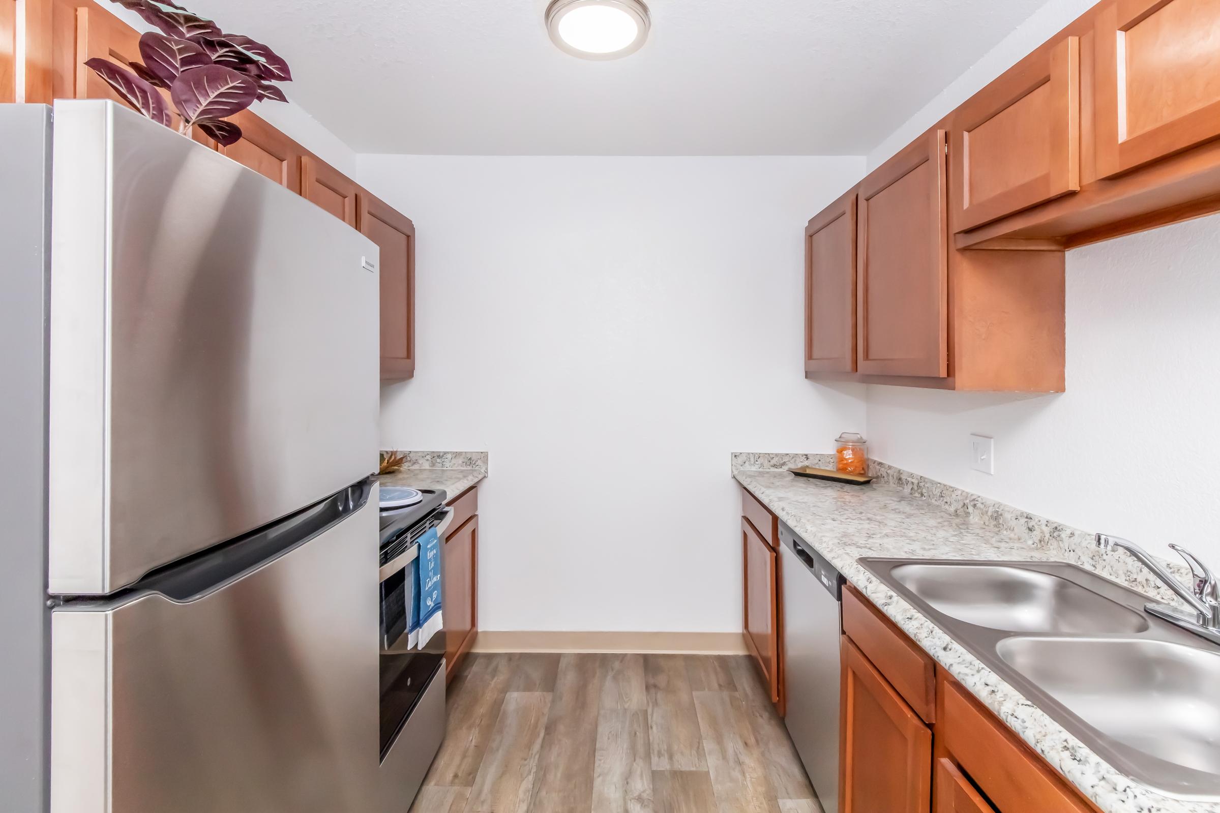 Modern kitchen with stainless steel appliances, including a refrigerator and oven. Features wooden cabinetry, granite countertops, and a sink. A small plant is placed on the counter. The space is well-lit with light-colored walls and a wood-look floor.