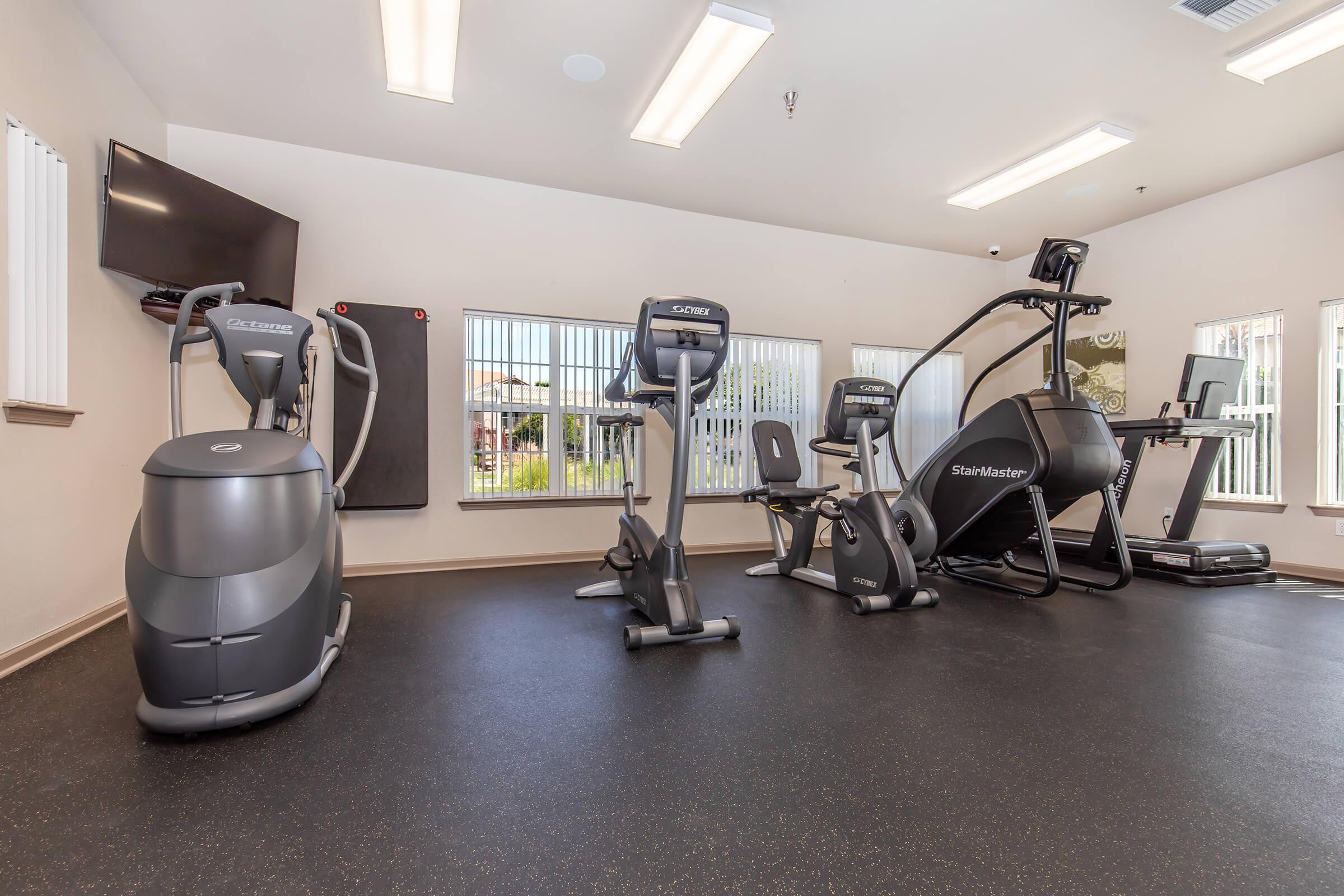 A well-equipped gym featuring various exercise machines including a stationary bike, a stair climber, and a weight machine. The room has large windows allowing natural light and includes a wall-mounted television, all set on a durable black flooring.