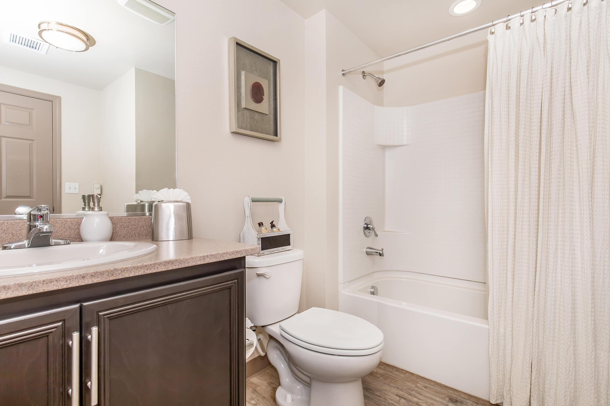 Modern bathroom featuring a bathtub with a shower curtain, a toilet, and a sink with a large mirror above it. The walls are painted in light colors, and there is a simple framed artwork on the wall. The floor has wooden tiles, contributing to a clean and contemporary look.