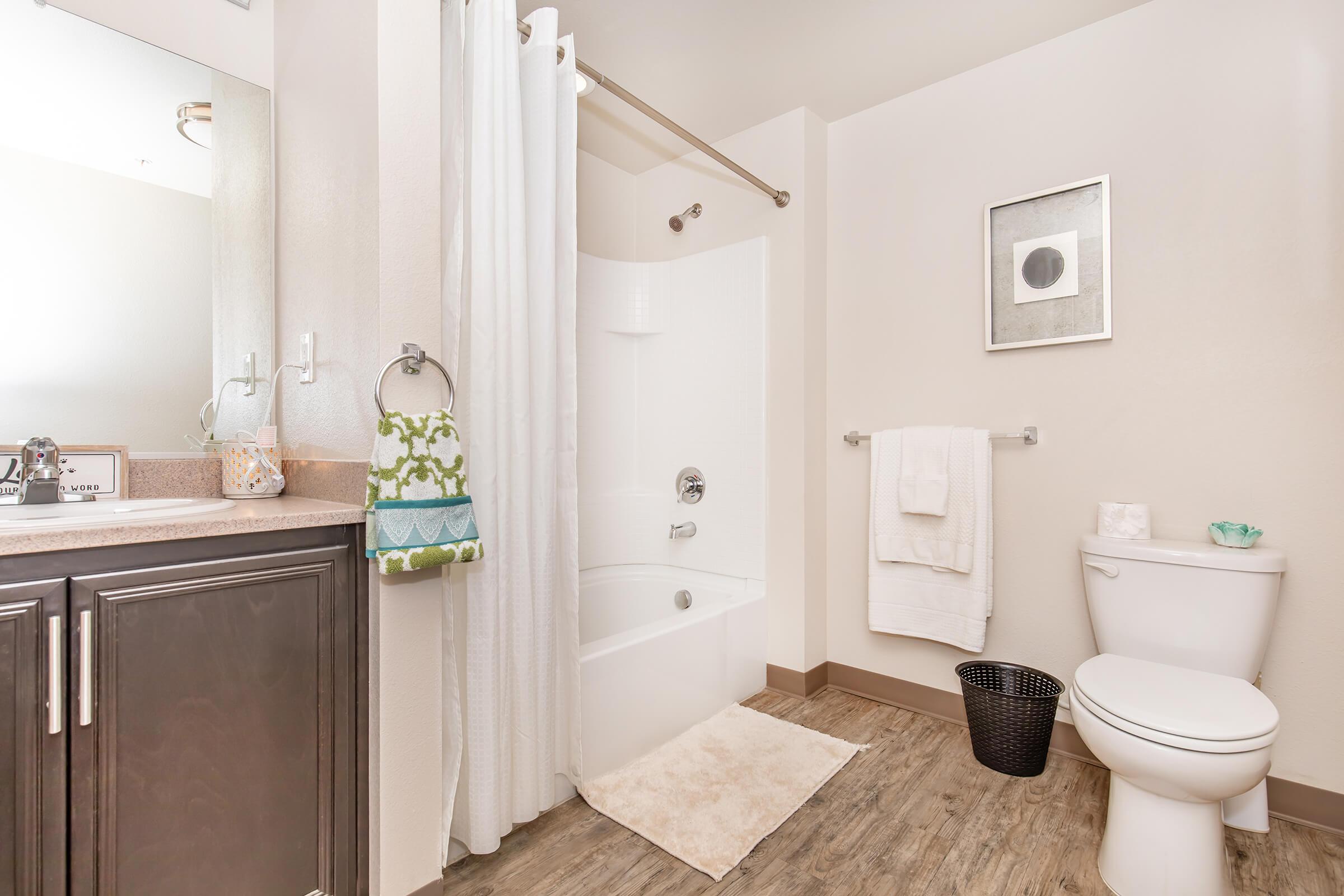 A modern bathroom featuring a bathtub with a shower, a toilet, and a sink with a countertop. The walls are light-colored, and there's a small towel rack with towels. A decorative hand towel hangs on the rack, and a black wastebasket sits on the floor. A minimalist framed artwork is displayed on the wall.