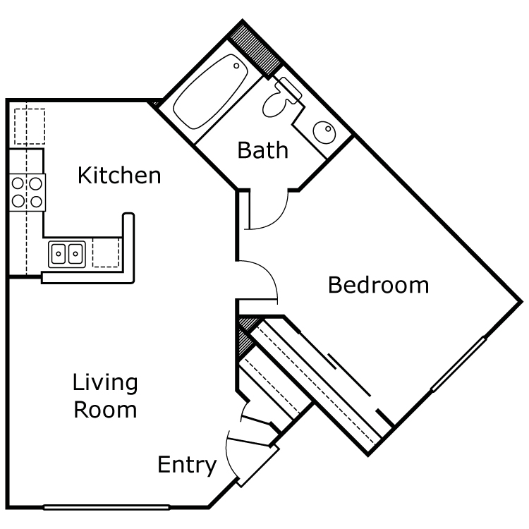 A 493 square foot apartment with a 1 bedroom 1 bathroom floor plan.