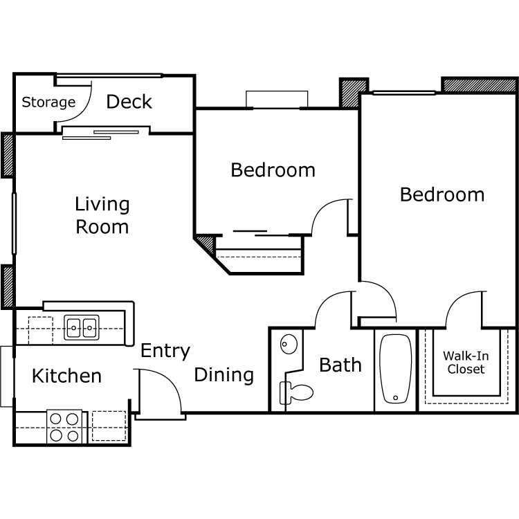 A 674 square foot apartment with a 2 bedroom 1 bathroom floor plan.