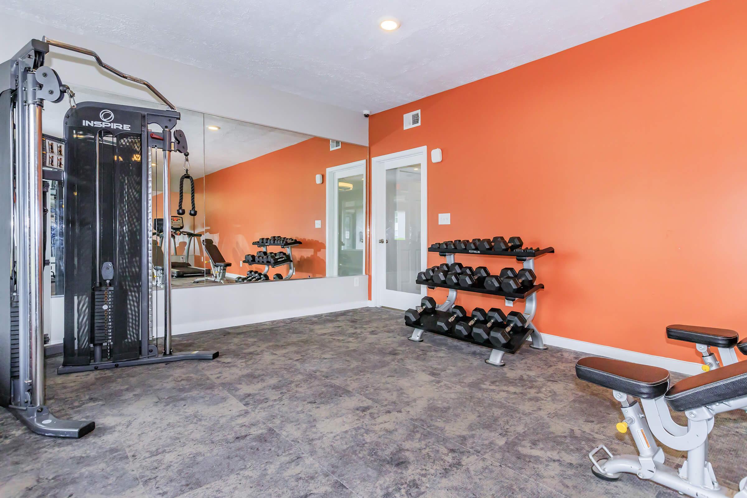 A modern gym interior featuring a wall-mounted cable machine, a rack of dumbbells, and a bench. The walls are painted orange, and a large mirror reflects the equipment, creating a spacious feel. Natural light enters through glass doors, enhancing the vibrant atmosphere.