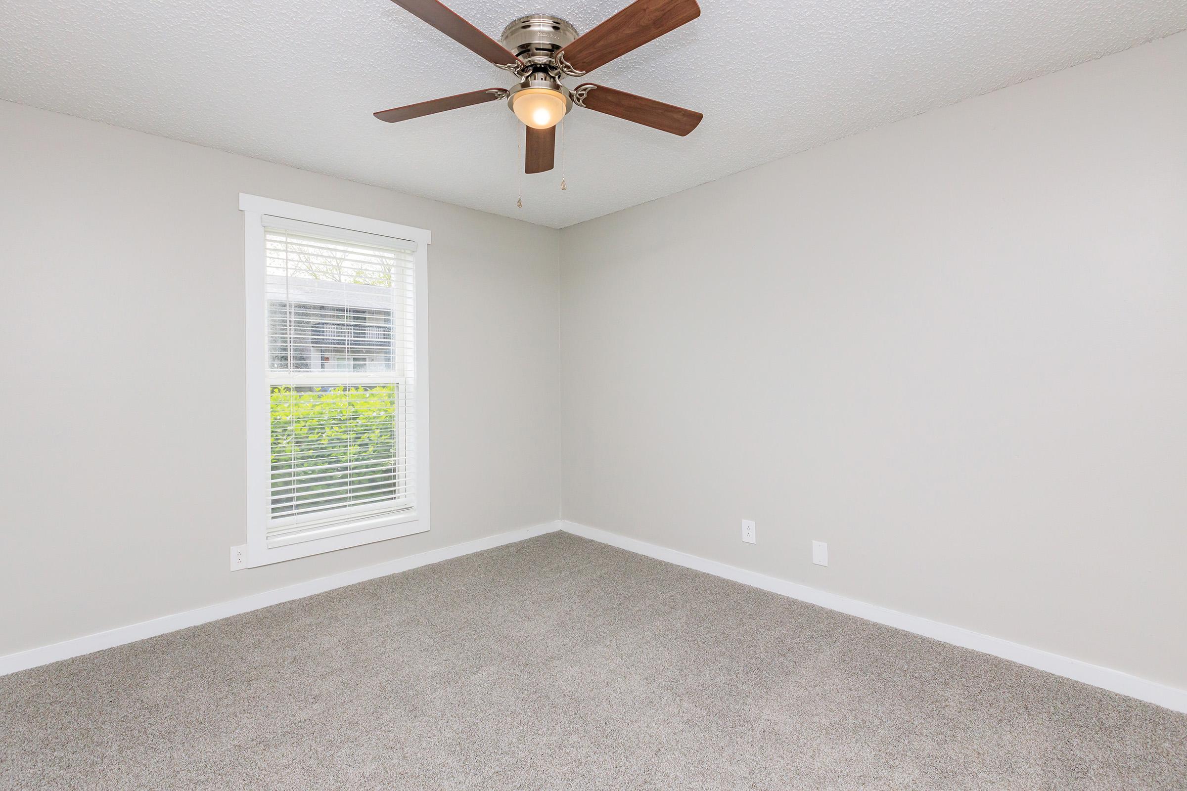 A well-lit vacant room featuring light gray walls, a ceiling fan with wooden blades, and a window with white blinds allowing natural light. The flooring is covered with soft, light-colored carpet, enhancing the room's spacious feel.