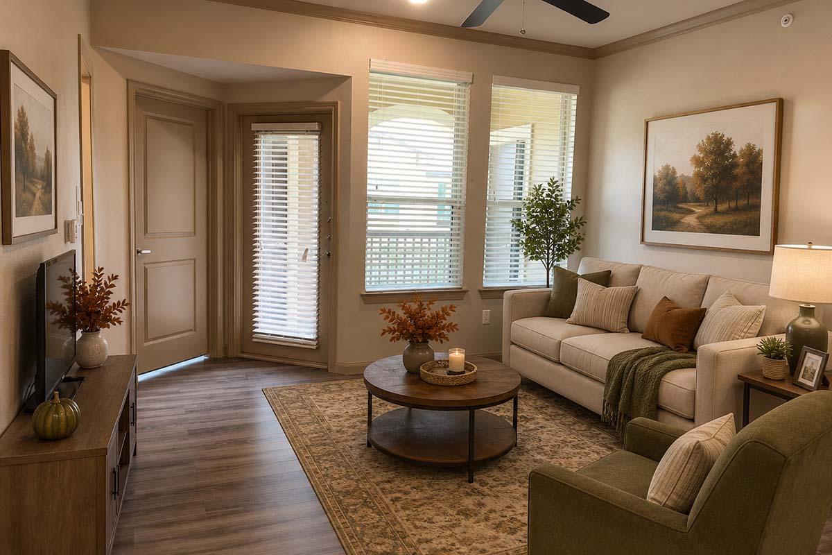 A cozy living room featuring a light-colored sofa adorned with green and beige cushions, a round coffee table on a patterned rug, and a plush green armchair. Large windows with blinds allow natural light in, and decorative wall art complements the warm, inviting atmosphere. A plant and seasonal decor add charm.