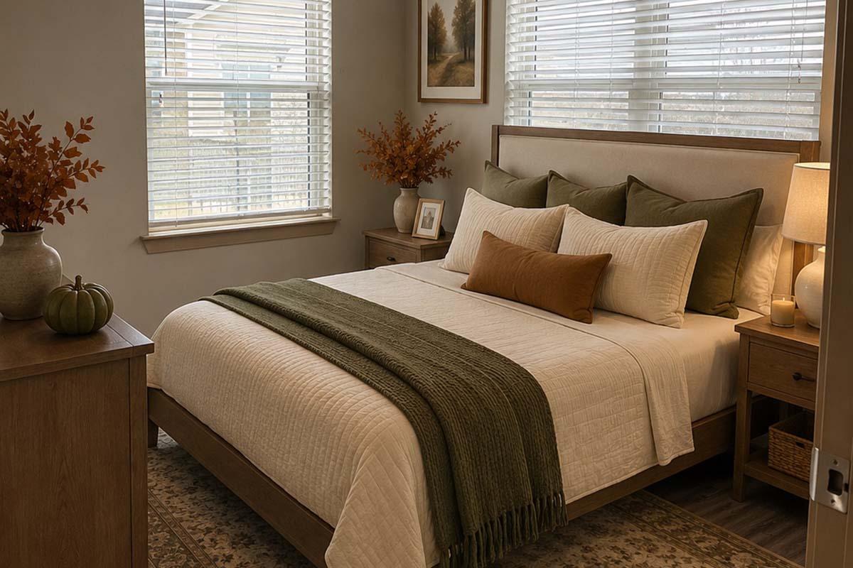 A cozy bedroom featuring a neatly made bed with green and white bedding, multiple pillows, and a throw blanket. There is a bedside table with a lamp and decorative items, and large windows with blinds allowing natural light. The room is adorned with autumn-themed decor, including a vase of orange flowers and a small pumpkin.