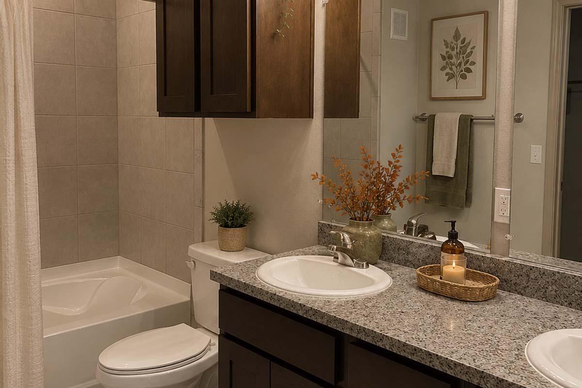 A modern bathroom featuring a bathtub, toilet, and double sink vanity with a granite countertop. The vanity is adorned with a decorative basket and a candle, while the mirror reflects potted plants and wall art. Neutral tones create a calm atmosphere, complemented by wooden cabinets and a soft shower curtain.