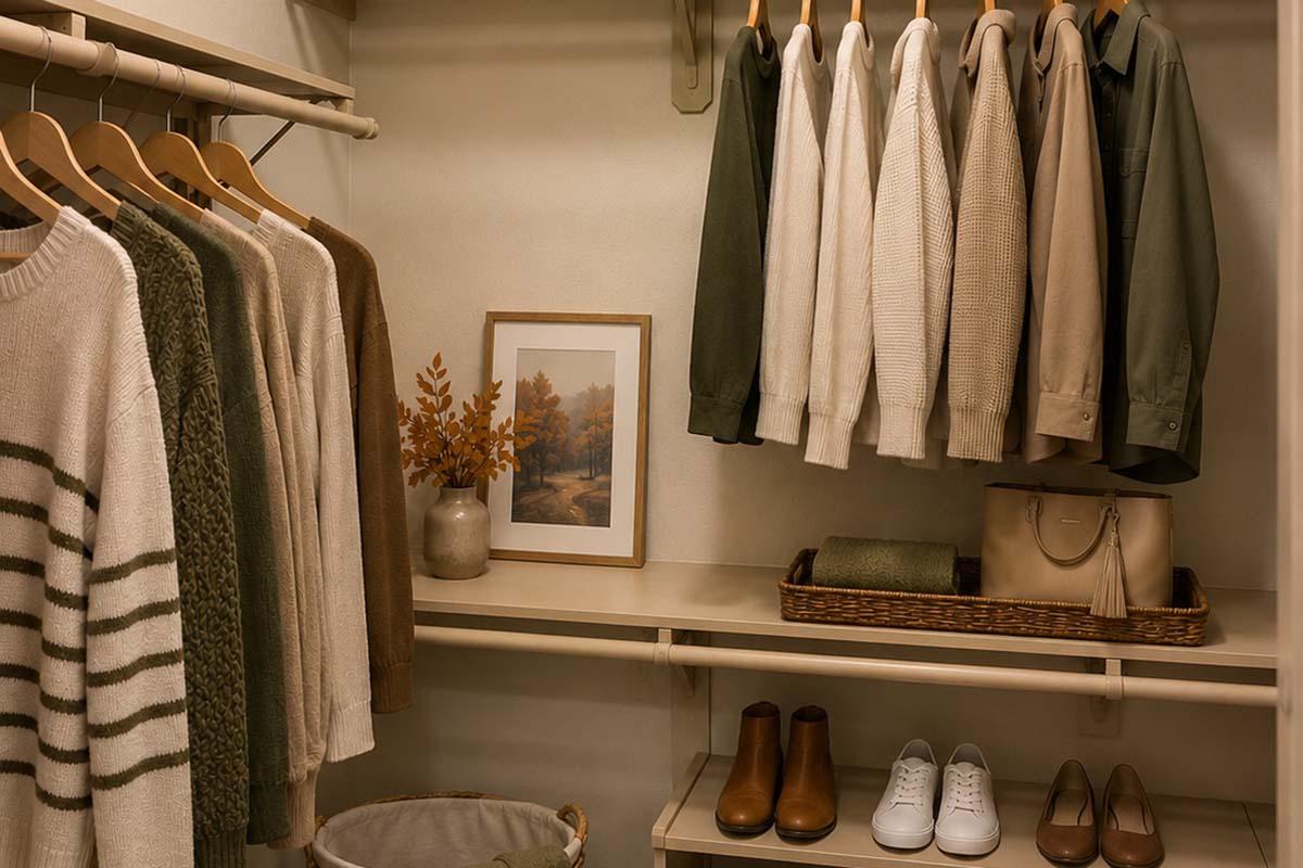 A well-organized closet featuring hanging sweaters in various neutral tones, a framed nature print on the wall, a decorative vase with autumn leaves, a basket with folded garments, a handbag, and neatly arranged shoes, including brown boots and white sneakers.