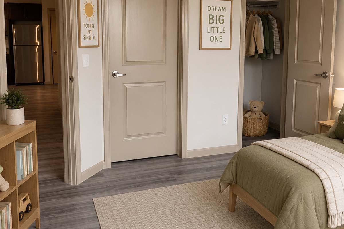 A cozy, well-lit bedroom featuring a bed with green bedding, a soft rug on the wooden floor, and minimalist decor. A teddy bear is visible on a shelf, and a framed motivational quote hangs on the wall. Two doors lead to other areas, with a glimpse of a kitchen or living space in the background.