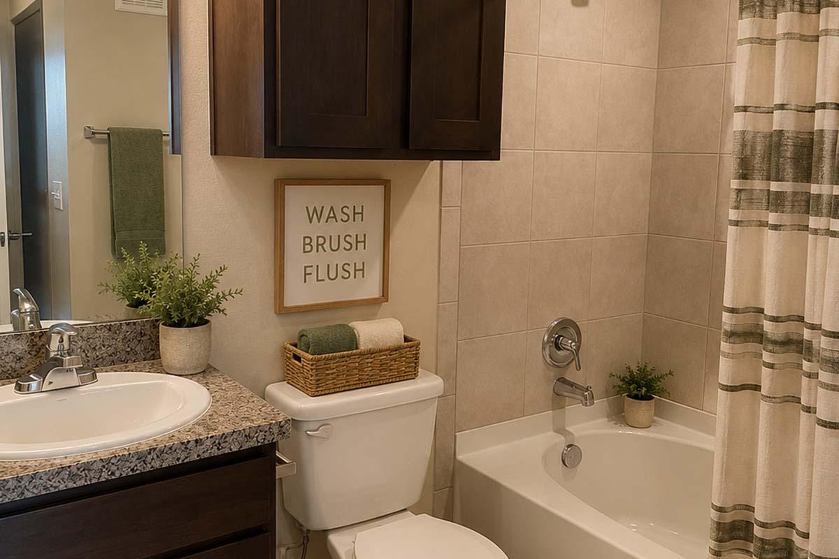 A modern bathroom featuring a sink with a granite countertop, a white toilet, and a bathtub with a shower. The walls are tiled in neutral tones, and decorative elements include a framed sign that says "WASH BRUSH FLUSH," a basket of rolled towels, and small plants for a touch of greenery.
