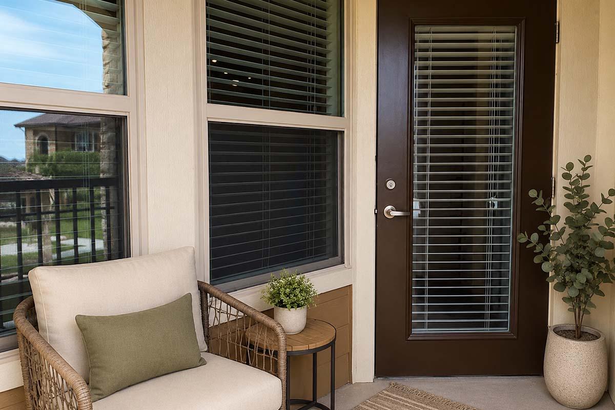 A cozy porch area featuring a cushioned chair with a green pillow, a small round table, a potted plant, and a stylish door with vertical blinds. Natural light streams in through the windows, enhancing the inviting atmosphere of the space.