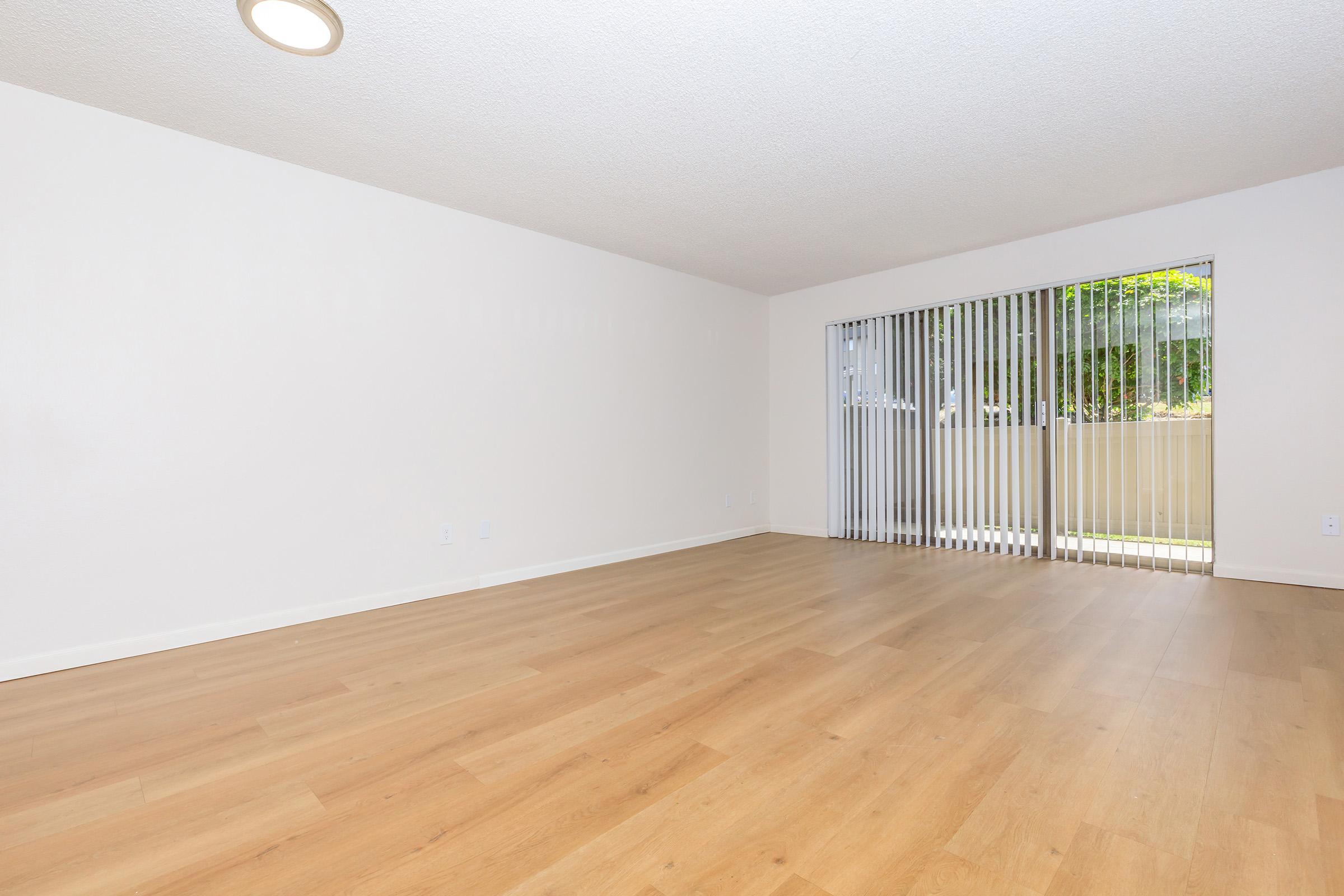 A spacious, empty room with light-colored walls and wooden flooring. Large glass sliding doors with vertical blinds allow natural light to enter, leading to an outdoor space. The room has a clean, minimalist aesthetic, perfect for various furniture arrangements.
