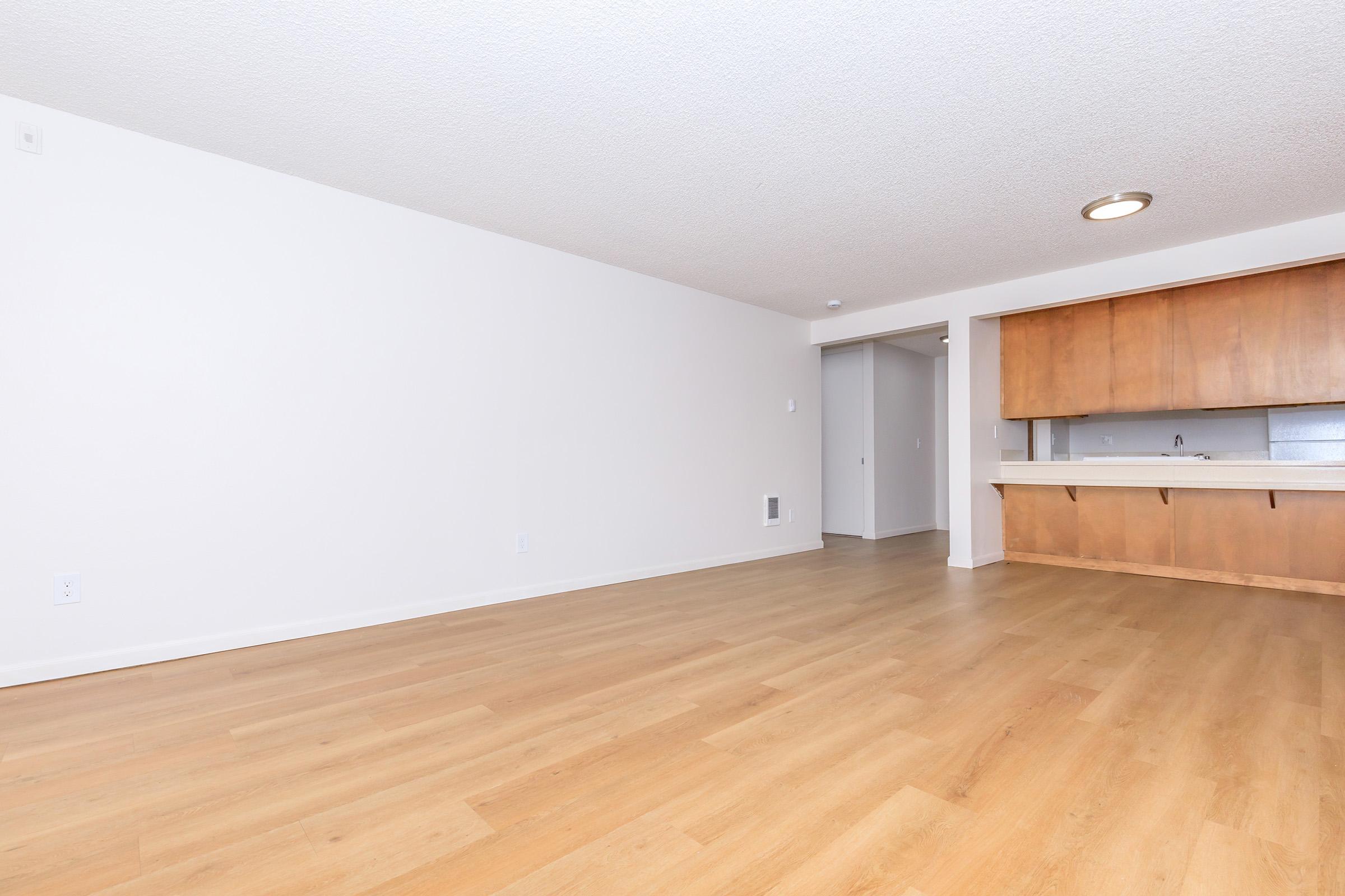 A spacious, empty room with light-colored walls and wooden flooring. On one side, there is a small kitchen area with wooden cabinets and a countertop. Natural light fills the space, creating a bright atmosphere. A doorway leads to another room, while the area appears clean and ready for furnishings.