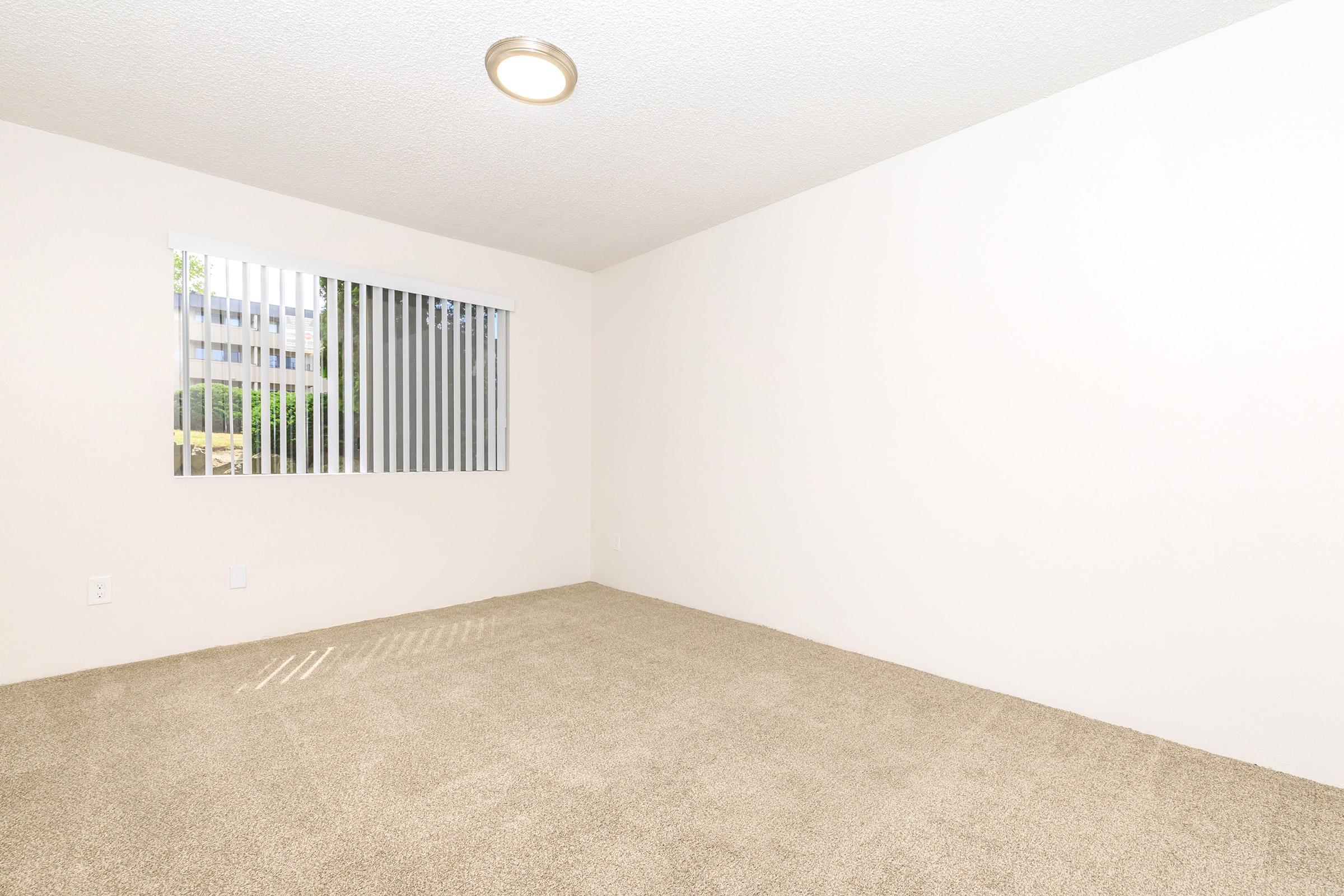 Empty room with light-colored walls and a carpeted floor. A window with vertical blinds allows natural light, casting shadows on the floor. The space is spacious and uncluttered, creating a blank canvas for potential furniture and decor.