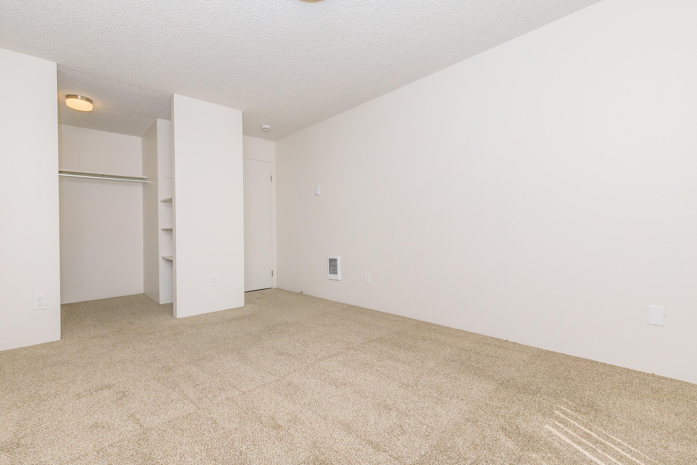 A vacant room with beige carpet flooring and light-colored walls. It features a closet space on one side and a door leading to another area. The room is well-lit with a ceiling light fixture, creating a simple and clean aesthetic.